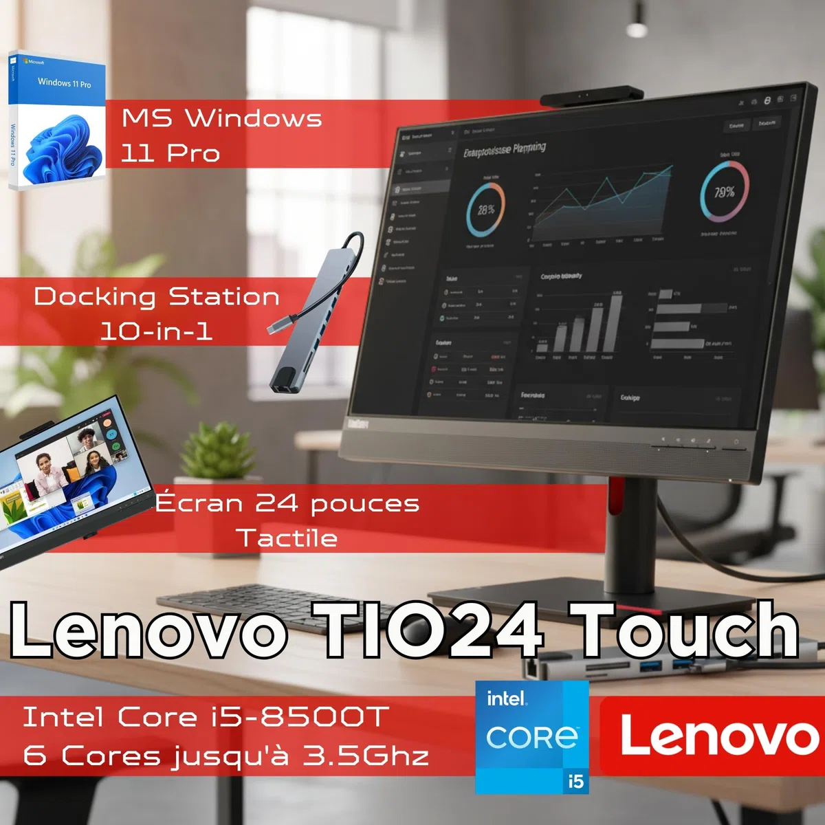 Lenovo Écran tactile tout-en-un 24" i5 8500 jusqu'à 3,50 GHz - 16 Go de RAM - 512 Go SSD - Windows 11 Pro - PC de bureau et professionnel USB-C