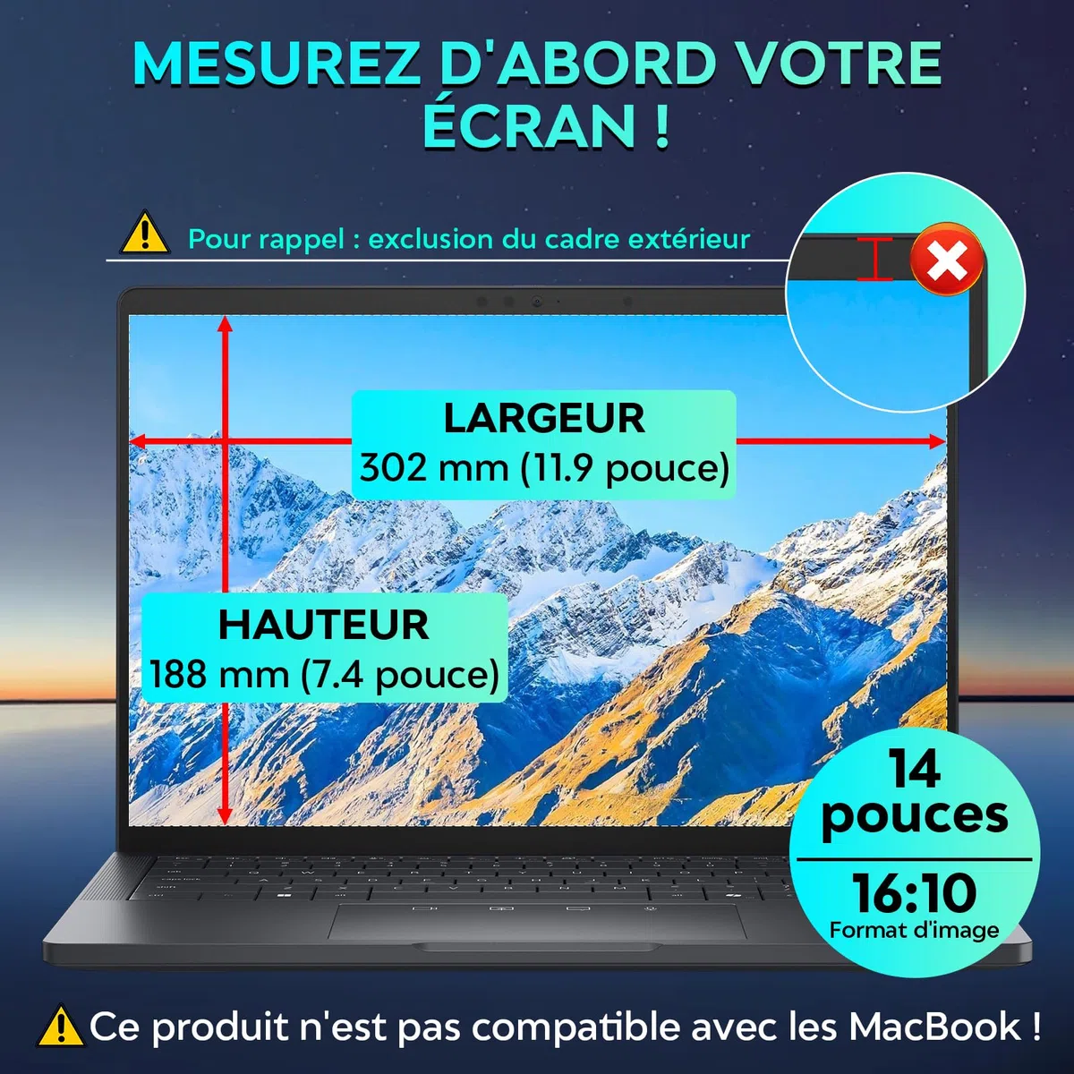 Filtre de Confidentialité pour 14 pouces ordinateurs portables Aspect 16:10, Anti-espionnage, Anti-lumière bleue et Anti-reflets, Amovible, compatible avec Lenovo, HP, Dell, Acer, Samsung, Asus