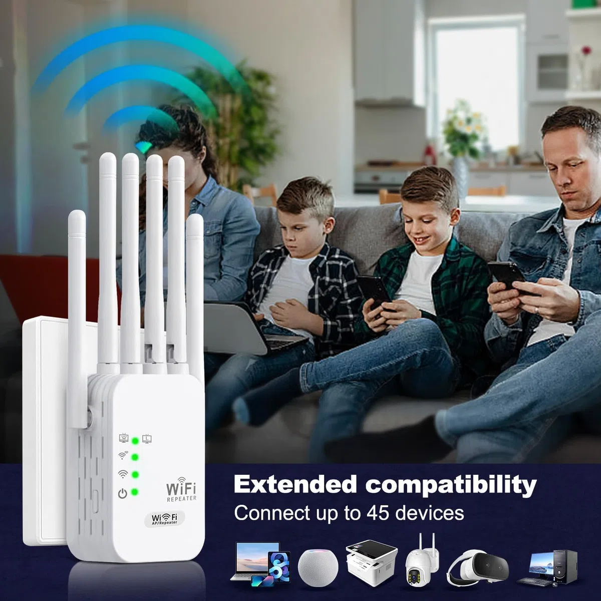 Répéteur WiFi Puissant, Amplificateur WiFi,Repeteur WiFi avec 6 Antennes Couvrant Une superficie de 10,000 m²,2 Ports LAN,pour la Maison et Le Bureau(Blanc)