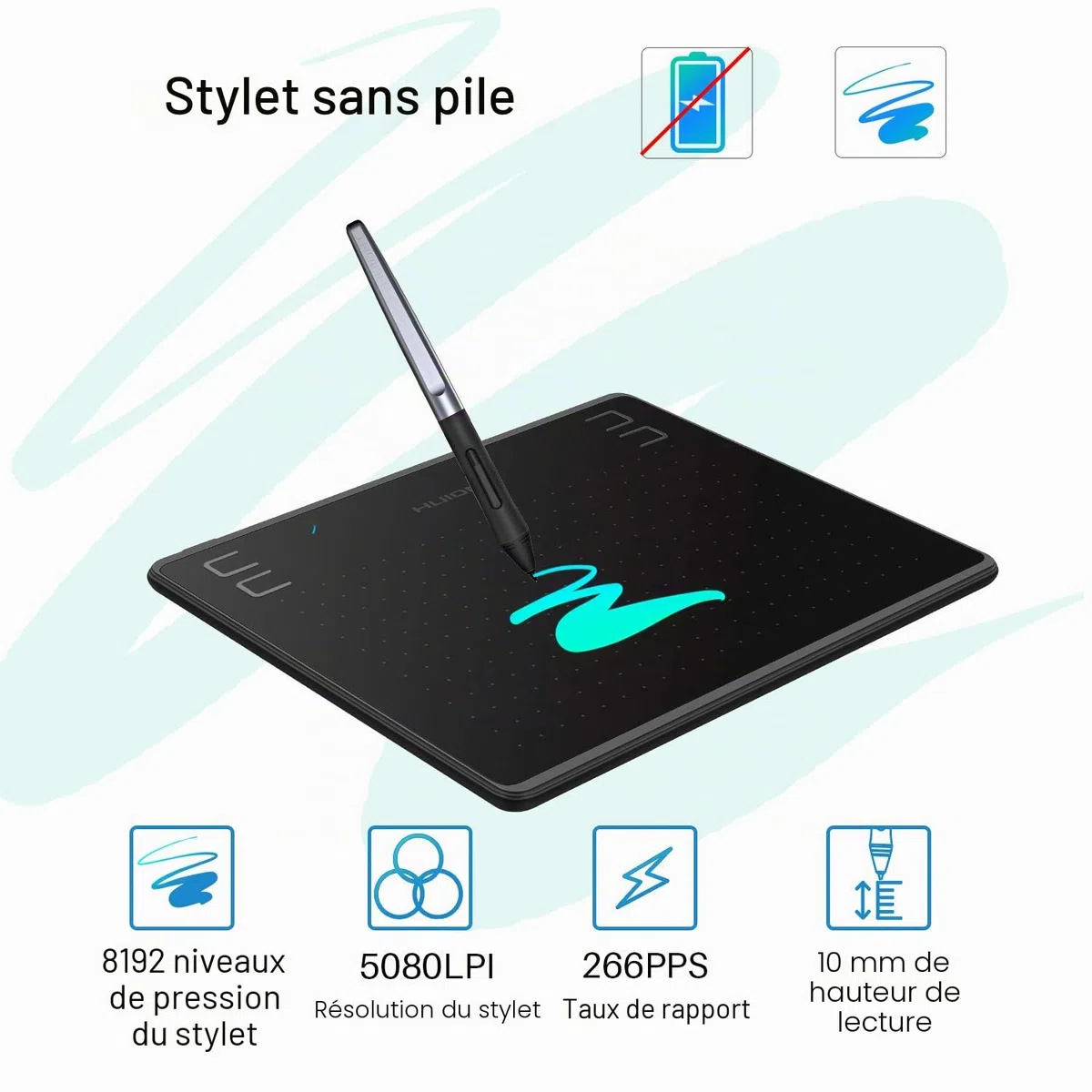 HUION HS64 Tablette Graphique Numériques, Support Android, OSU, Tablette de Dessin de 6,3x4 Pouces avec 4 clés Express, Stylet sans Batterie 8192, Idéal pour Débutant et Joue OSU