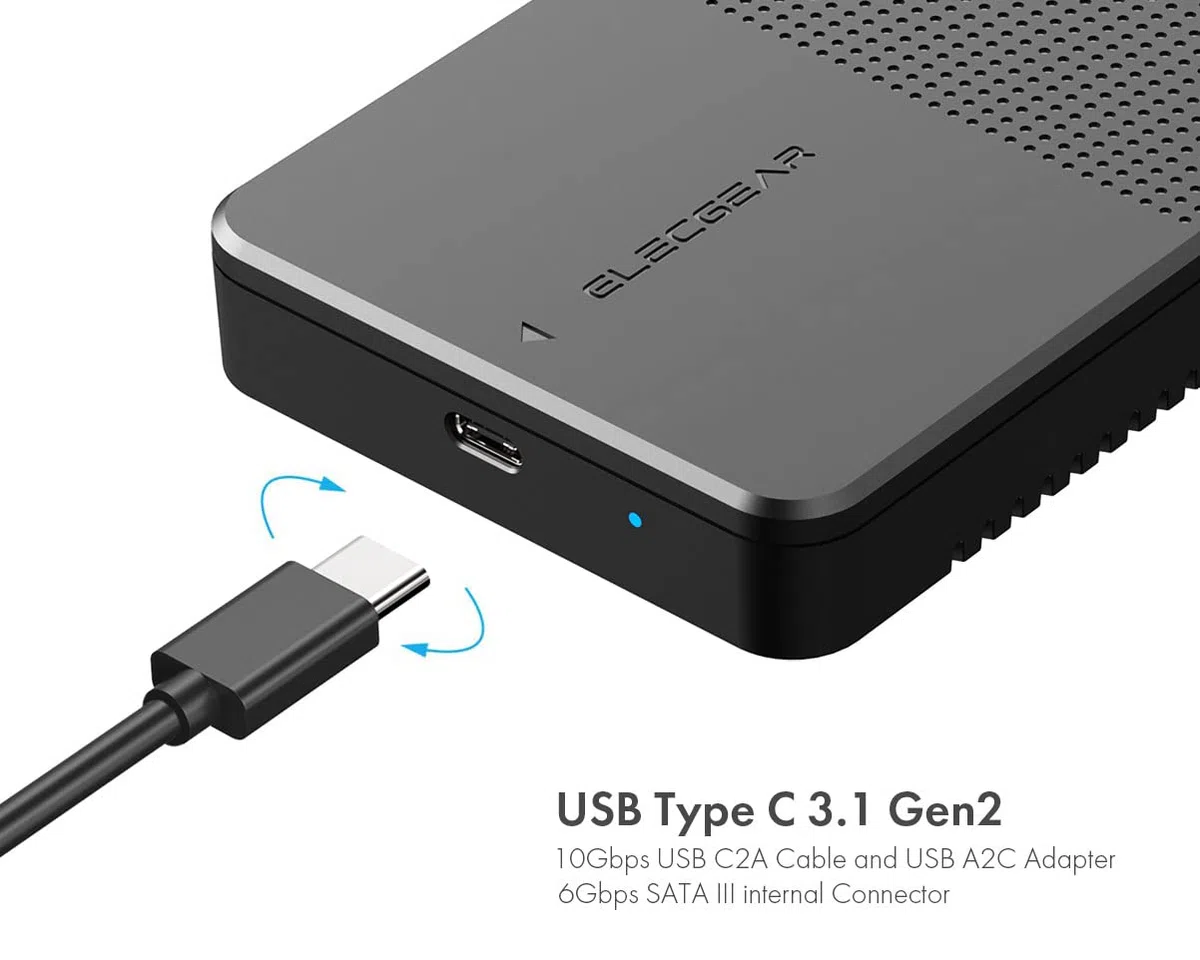 ElecGear USB C 3.1 Gen2 Boîtier Externe pour Disque Dur 2.5'' Pouces de 7mm à 15mm, Adaptateur Case Caddy pour SATA Hard Drive SSD et HDD, Type-A Câble avec USB Type-C Convertisseur