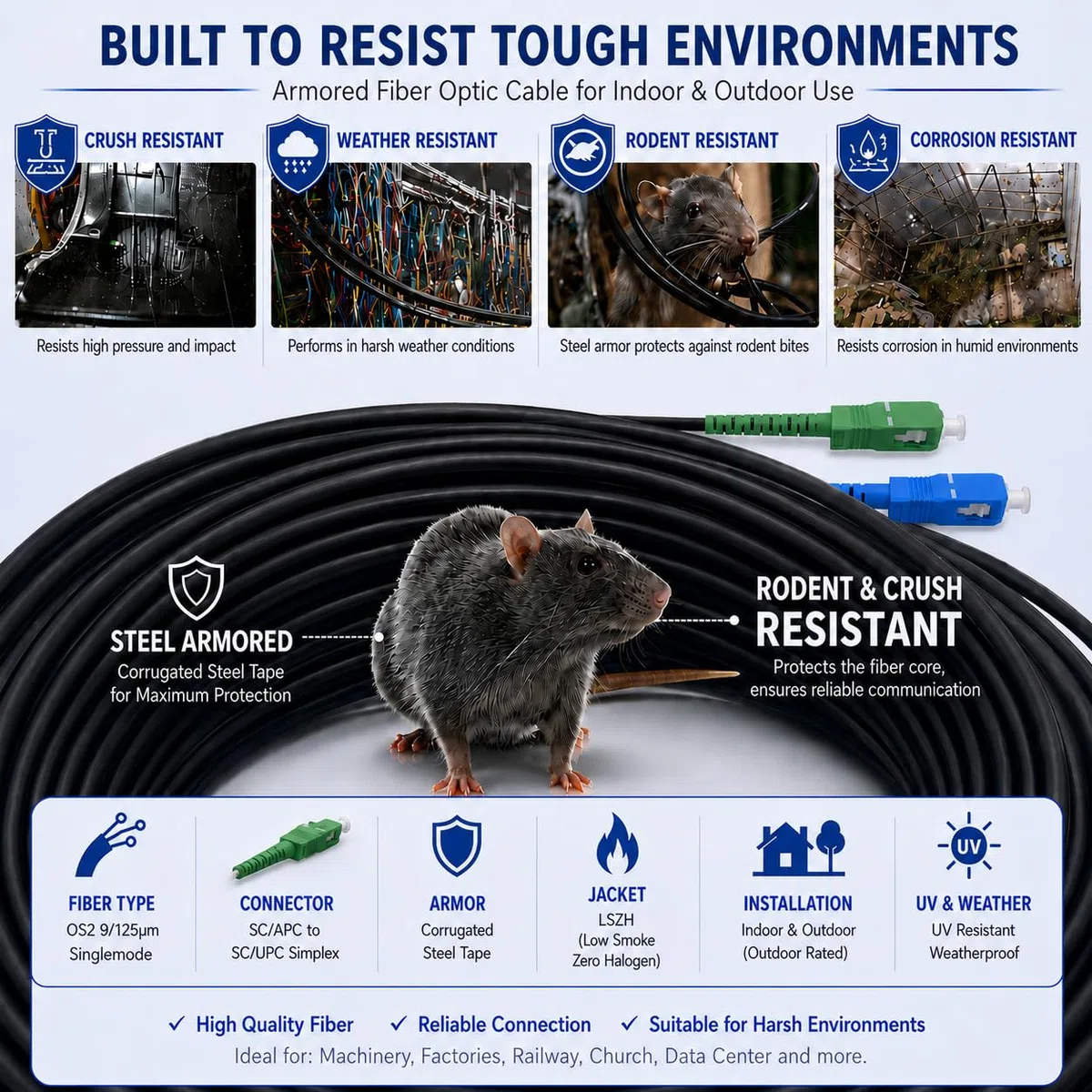 Elfcam® - Câble à Fibre Optique en Acier Blindé Compatible avec Freebox, Convient aux Installations Extérieur et Intérieur, SC/APC à SC/UPC Monomode Noir, 20M