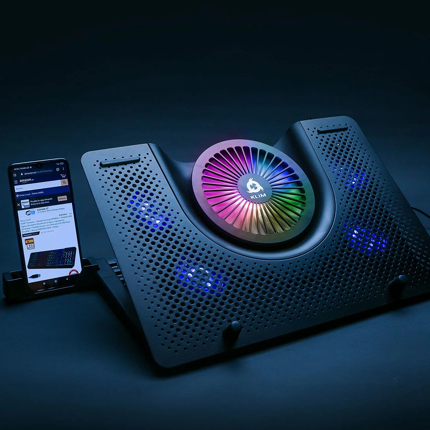 KLIM Nova - Refroidisseur PC Portable - 11" à 17" - Éclairage RGB - Support Ordinateur Portable Gaming - Ventilateur USB - Stable et Silencieux - Compatible avec Mac et PS4 - Nouveauté