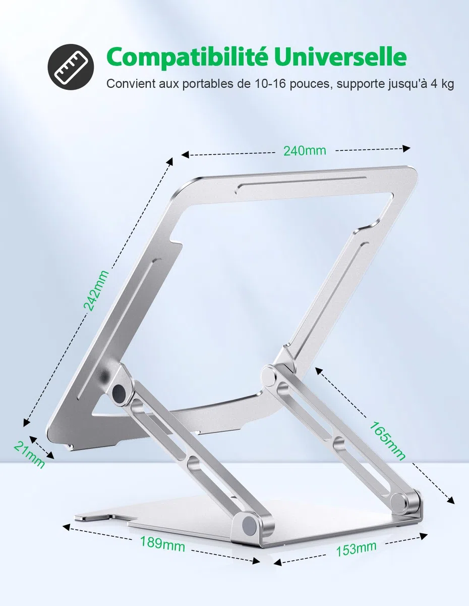 Glangeh Support Ordinateur Portable Aluminium, Refroidissement Support PC Portable Ventilé avec Double Axe Rotation Réglables Pliable Ergonomique, Compatible avec Tablette, MacBook Pro, Laptop 10"-16"