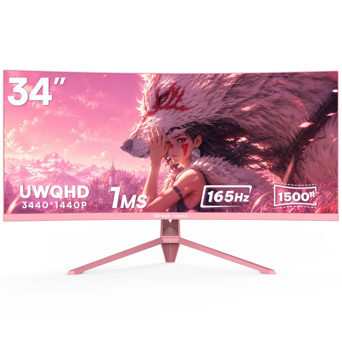 Great voell Écran PC Gamer Incurvé 34 Pouces Rose, UWQHD(3440 x1440), 165Hz, 1500R, Moniteur Gaming Ultrawide 21:9, FreeSync, Dalle VA 127% sRGB, HDR10, HDMI 2.0, DP 1.4, PIP/PBP, VESA