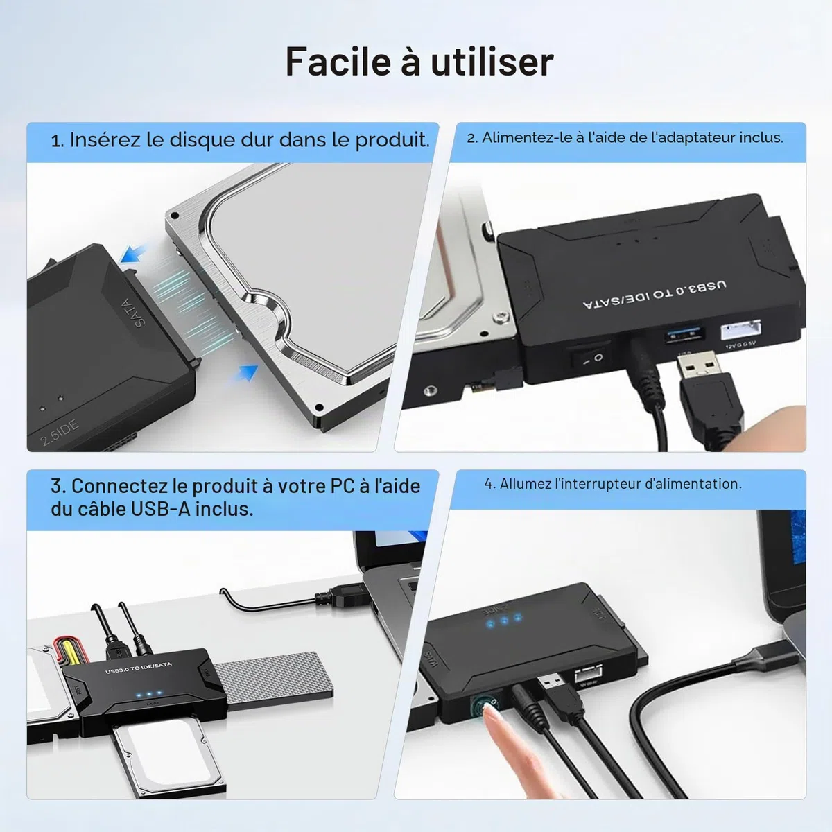 5Gbps Adaptateur Disque Dur USB 3.0 pour 2.5"/ 3.5" HDD/SSD, Convertisseur SATA et IDE Adaptateur de Disque Dur IDE/SATA pour Windows 11/10/8/7/XP/Vista avec Câble USB/Alimentation 12 V 2 A