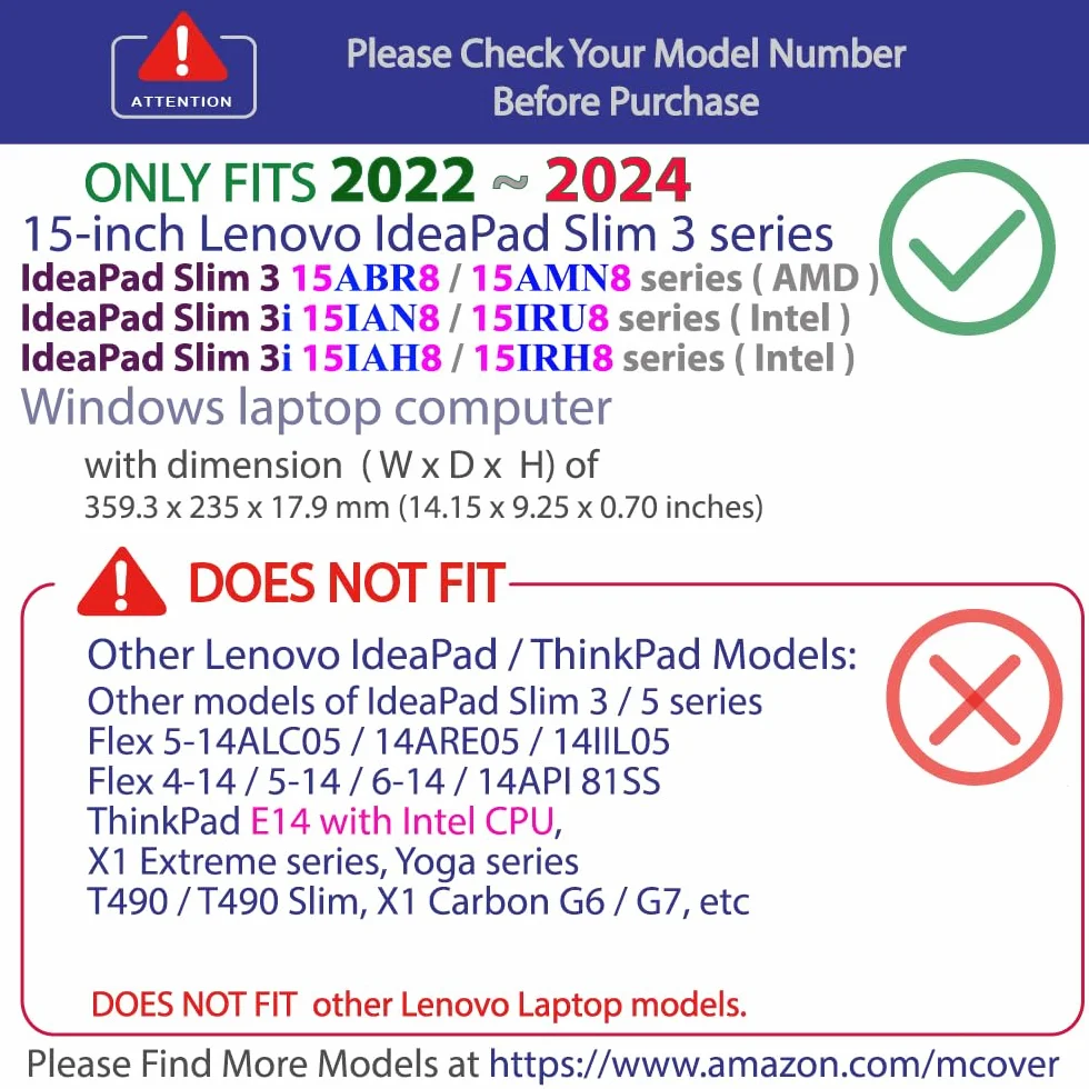 mCover Étui compatible uniquement avec Lenovo IdeaPad Slim 3 2022-2024 15" | 3i 15ABR8 / 15AMN8 / 15IAH8 / 15IAN8 / 15IRH8 / 15IRU8 (ne convient pas aux autres modèles Lenovo) - Noir
