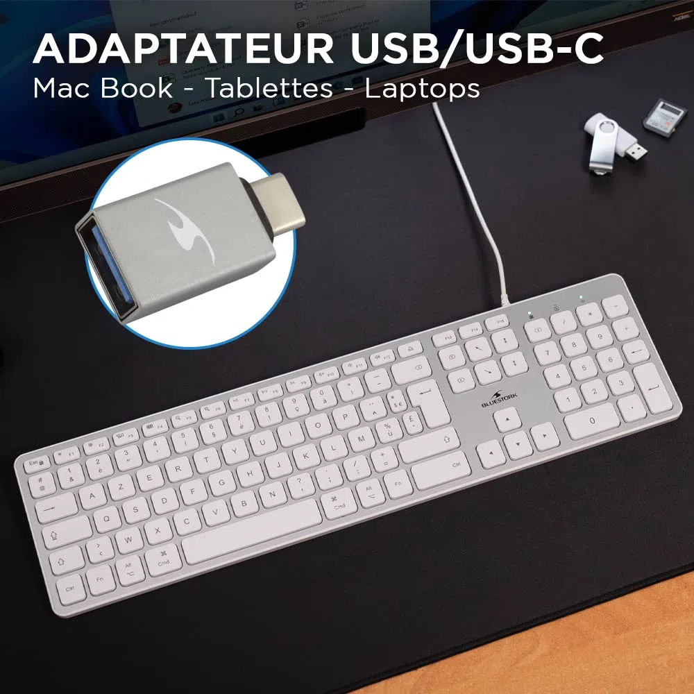 Bluestork Clavier Français AZERTY Filaire pour Mac - Touches Concaves et Silencieuses, 13 Raccourcis Multimédia, Adaptateur USB/USB-C