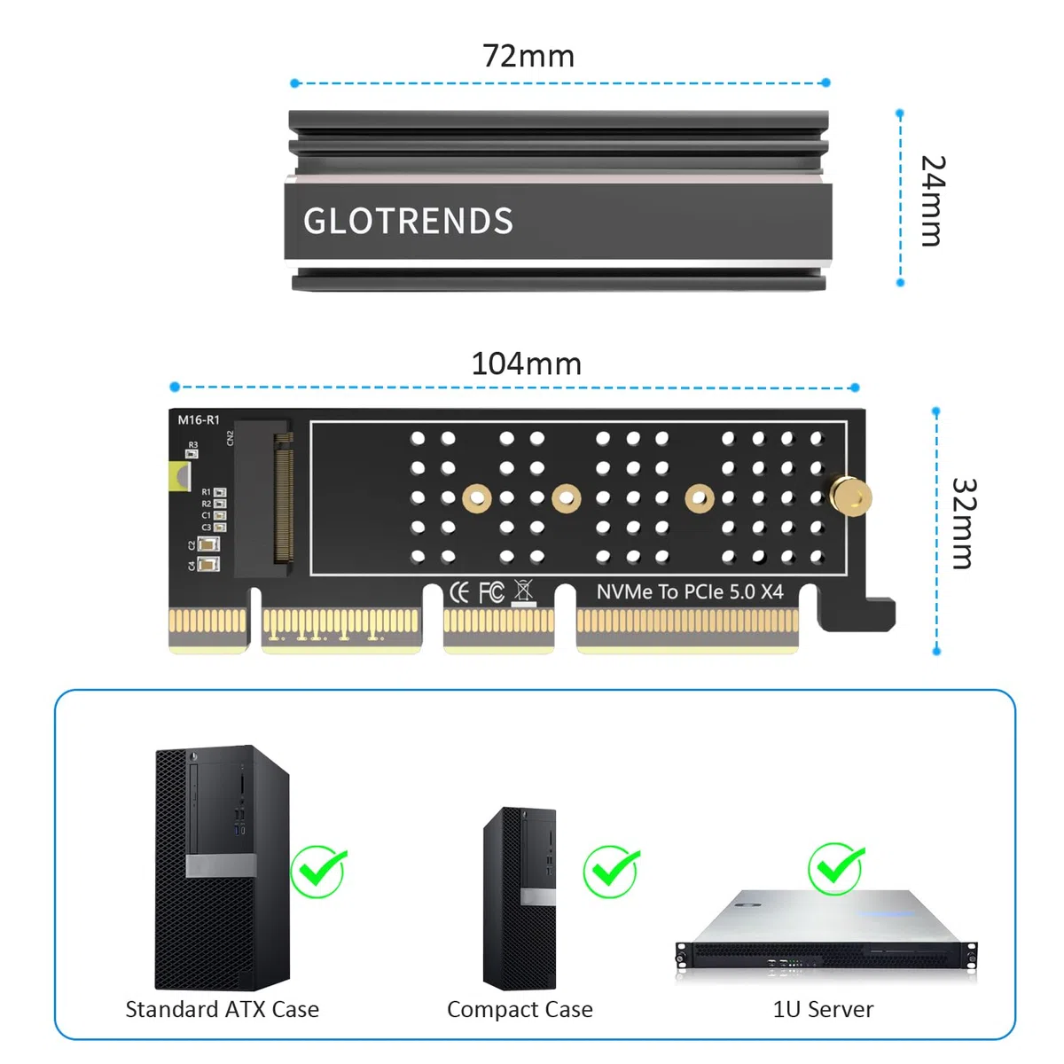 GLOTRENDS PA19-1U M.2 NVMe vers PCIe 5.0 X4 Adaptateur sans Support pour Installation sur Serveur PC 1U, Cache dissipateur Thermique en Aluminium