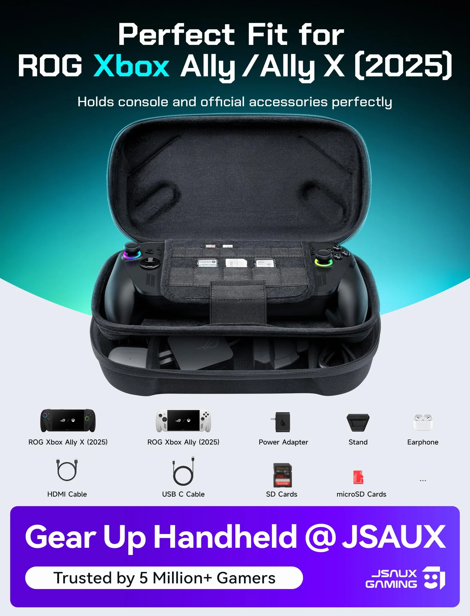 JSAUX Étui de transport pour ROG Xbox Ally / ROG Xbox Ally X (2025) - Coque rigide de protection à deux étages, étui de rangement de voyage portable à double couche pour adaptateur, câble et