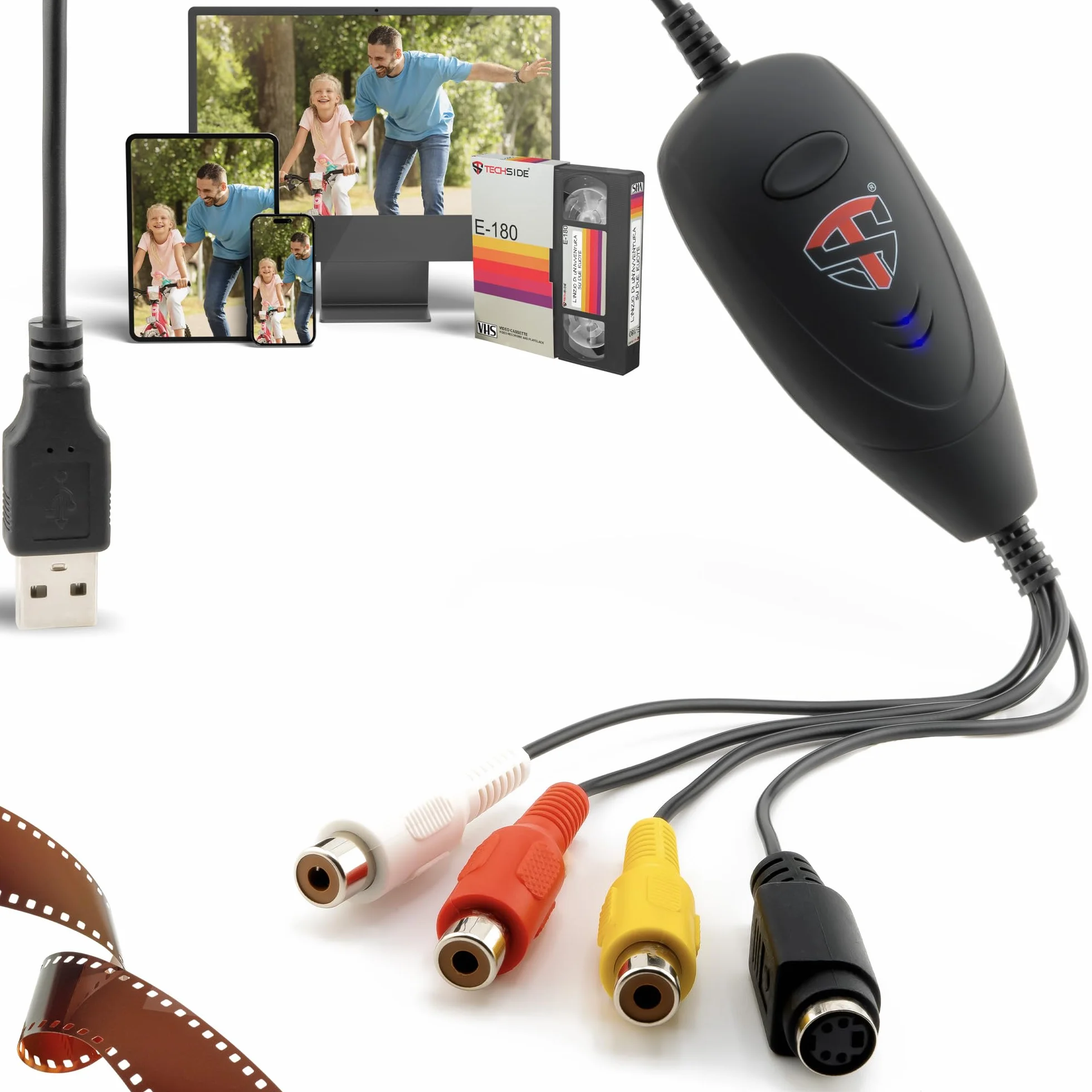 TechSide Video Capture 2026: convertisseur VHS numerique Analogique USB 2.0 | Carte d Acquisition | Capture Video Adaptateur VHS / Hi8 pour Magnétoscope VHS Neuf Windows 11/10