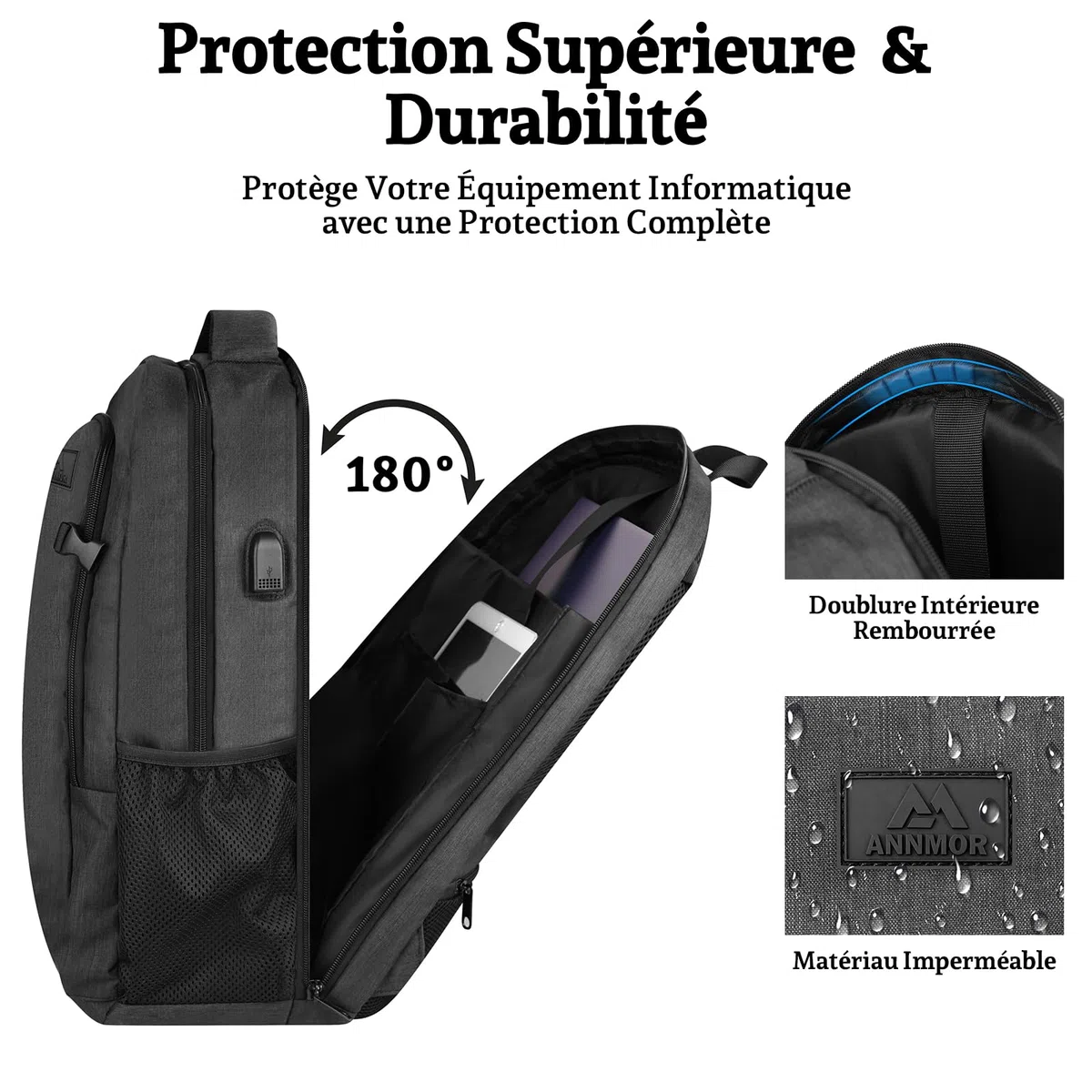 Sac à Dos Ordinateur 17,3 Pouces Homme, Sac PC Grande Capacité 35L Imperméable avec Port USB, Sac à Dos Antivol pour Travail, Université et Voyage Cabine