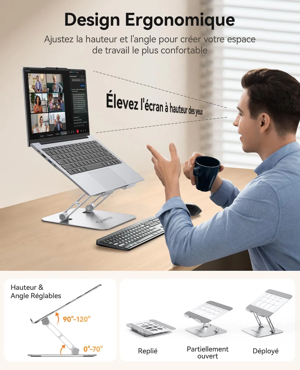 ORICO Support Ordinateur Portable Réglable en Hauteur, Support PC Portable Pliable en Aluminium, Support Ergonomique Ventilé pour Bureau, Compatible MacBook Air/Pro et Laptops 10-17"- ST11, Argent