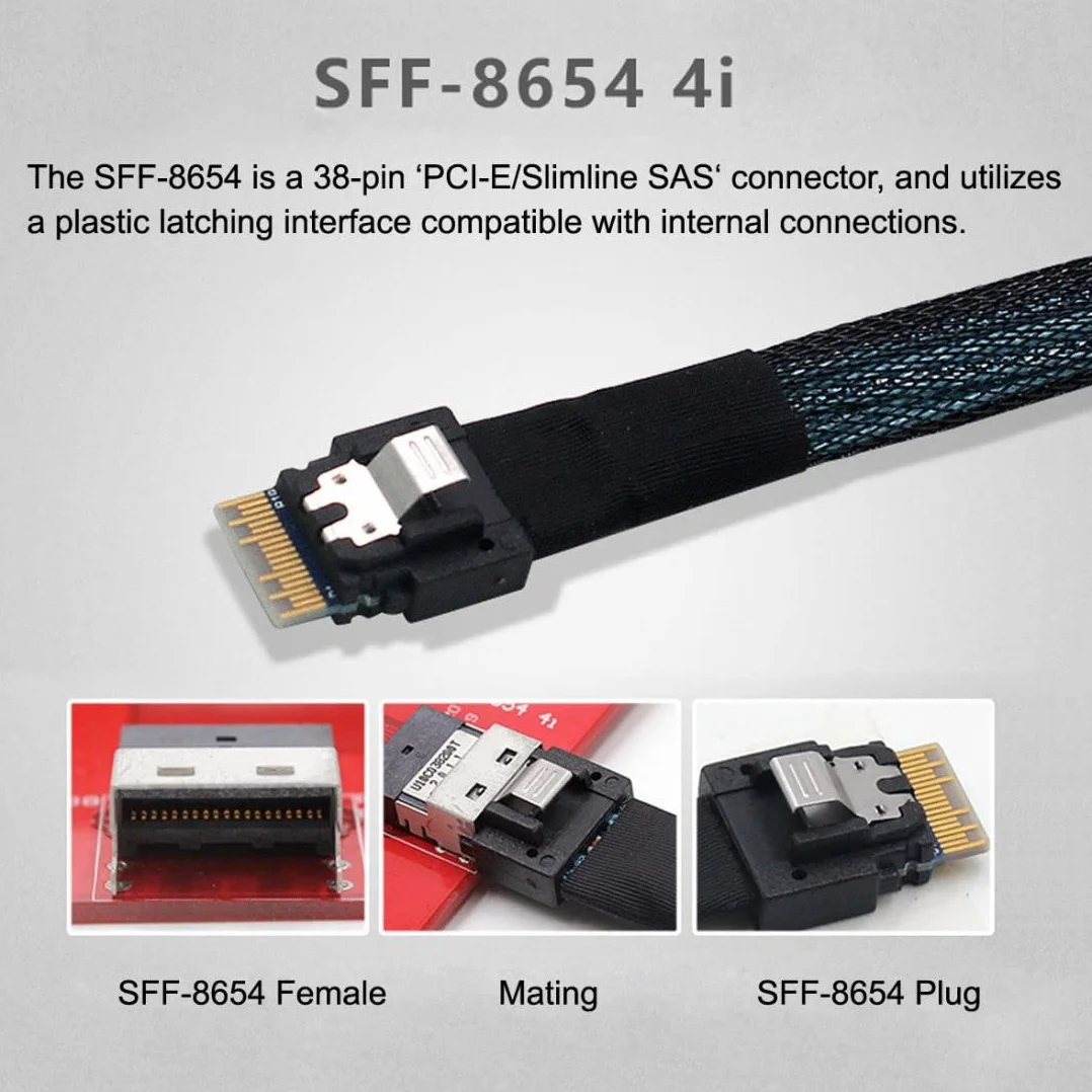 Chenyang 50 cm Slim Line SAS 4.0 Sff-8654 4I 38pin Hôte au HD Mini SAS 4i Sff-8643 Cible de 36pin Câble