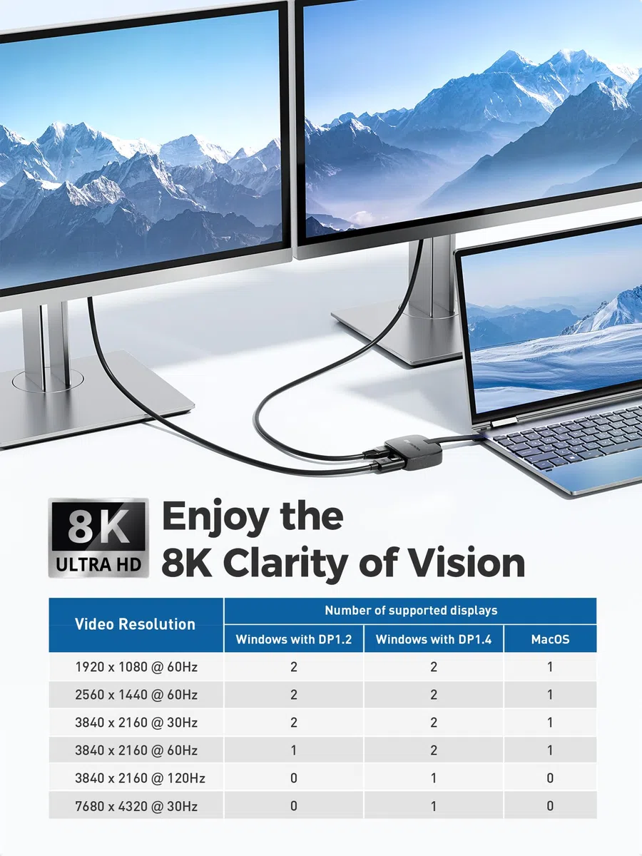Cable Matters Adaptateur portable 8K ou double 4K 60Hz USB C vers HDMI et DisplayPort - Compatible Thunderbolt 4/USB-4 pour DELL XPS, Surface Pro, MacBook (macOS prend en charge un seul écran étendu)