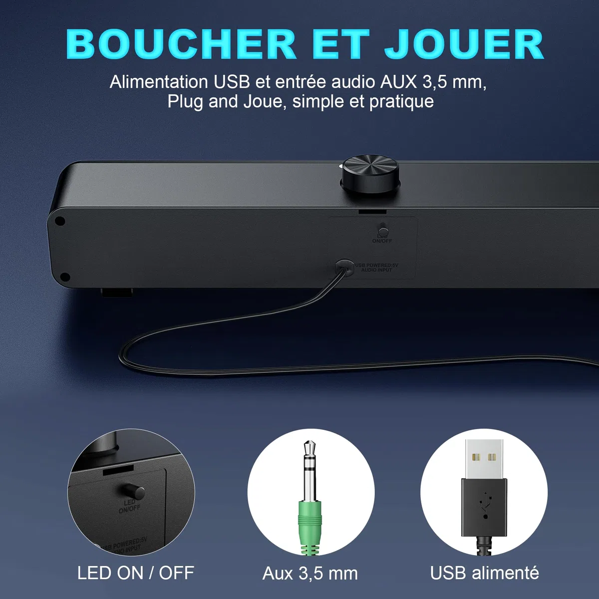 Haut-Parleur USB, Barre de Son HPYLIF H PC, Haut-Parleur de Jeu pour Ordinateur avec Son stéréo Surround, Filaire pour Ordinateur Portable, Ordinateur de Bureau