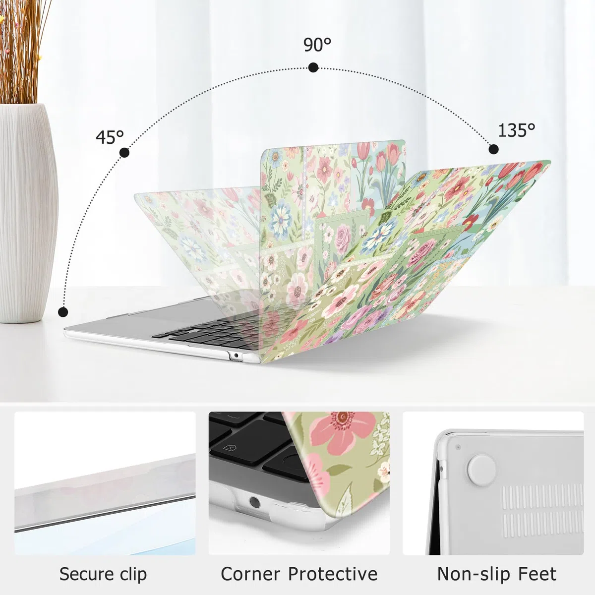 MOSISO Compatible avec MacBook Air 13 Pouces M5 M4 M3 M2 2026-2022 A3449 A3240 A3113 A2681,Fleurs Découpées Plastic Coque Rigide&Clavier Skin&Protecteur D'écran pour MacBook Air 13,6 Pouces,Vert
