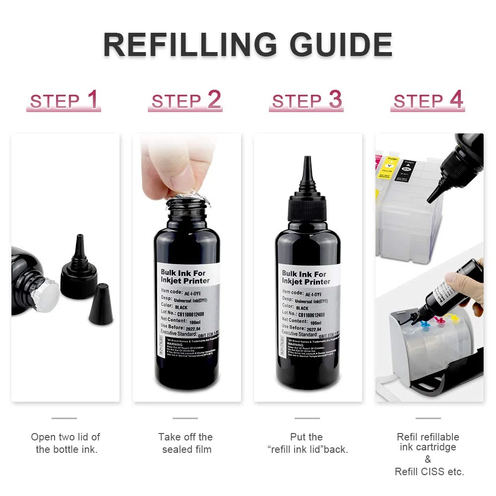 Recharges d'encre universelles UniPlus de gros volume - Pour les imprimantes Epson, HP, Brother, Canon, Lexmark 1BK 1C 1M 1Y