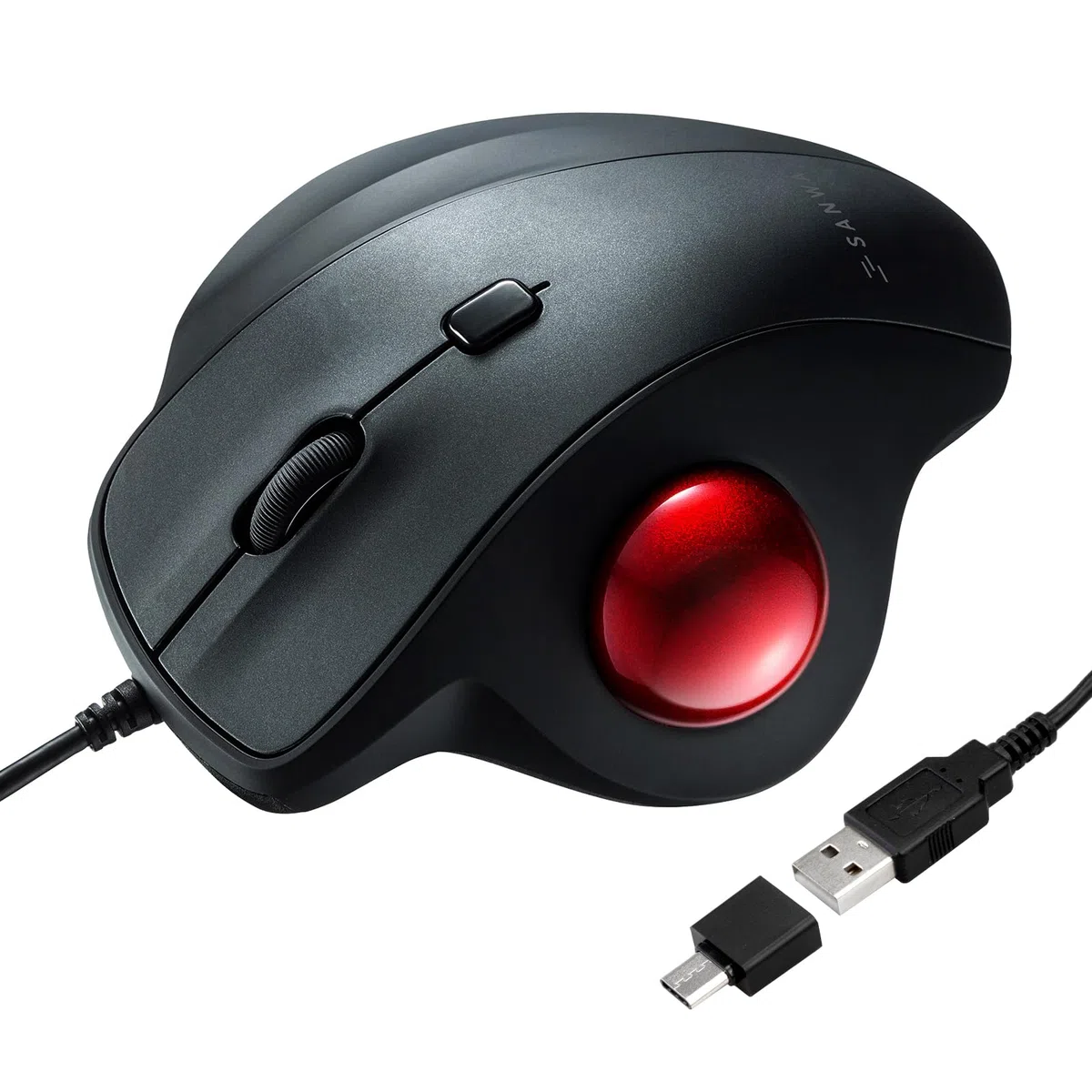 SANWA Souris Trackball Filaire, Ergonomique Souris avec Câble USB, Clic Silencieux, 600-1600 DPI, Interface Type A et Type C, Contrôle Pouce, Compatible avec Mac, Laptop, Ordinateur, Windows, Noir