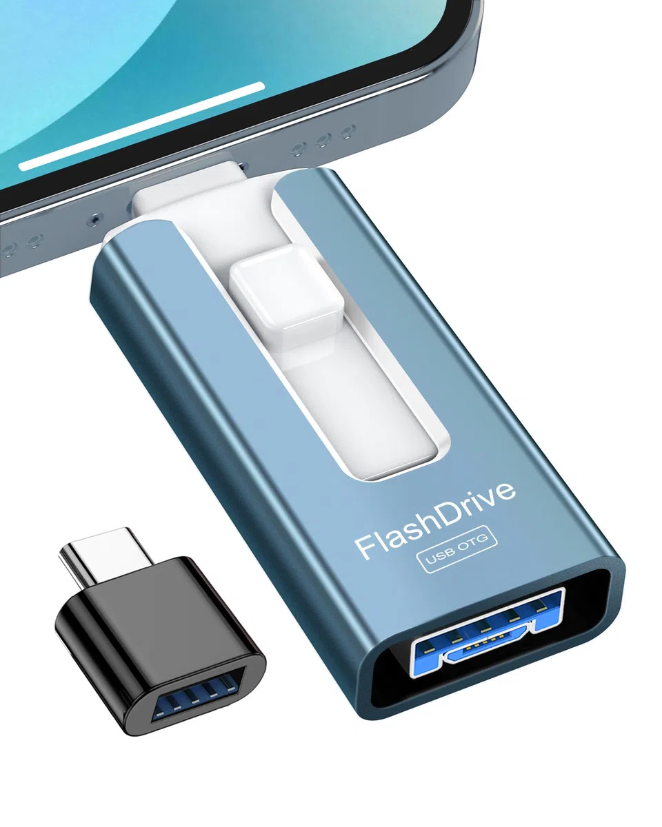 GNASEET Clé USB 256 Go, Transfert Grande Vitesse 3.0, 4 en 1, Stockage Photos, Vidéos, Fichiers pour iOS, Android, Pad, Type C et PC (Bleu)