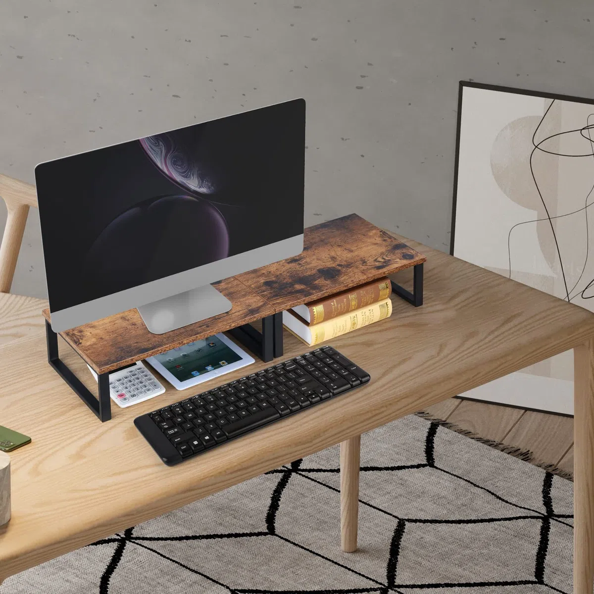 Lot de 2 supports de moniteur en bois pour ordinateur de bureau, étagère de rangement industrielle pour écran, imprimante, ordinateur portable, MacBook, ordinateur portable, PC (marron foncé)
