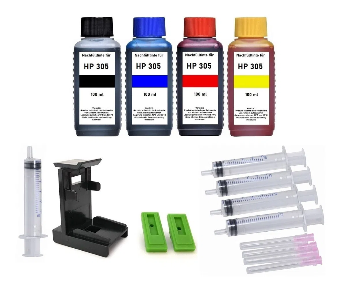 Kit de Recharge - 4 x 100 ML d'encre Compatible avec HP 305 (XL) Cartouches avec Adaptateur et Instructions de Remplissage
