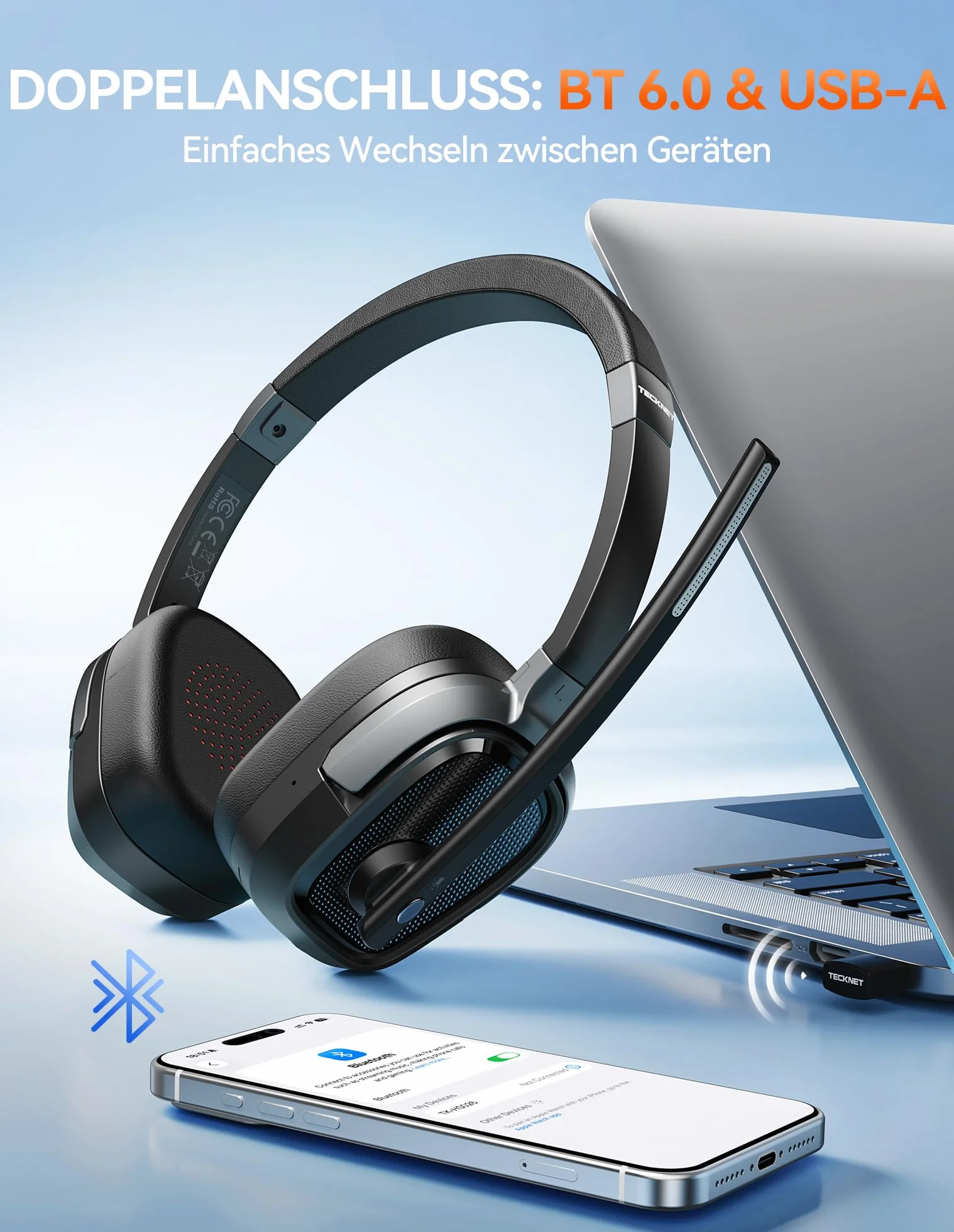 TECKNET Casque Bluetooth sans Fil avec Micro - Casque Anti-Bruit Bluetooth et Casque sans Fil PC avec Adaptateur USB-A Inclus, 50h d'Autonomie, pour PC, Téléphones, Télétravail et Visioconférence