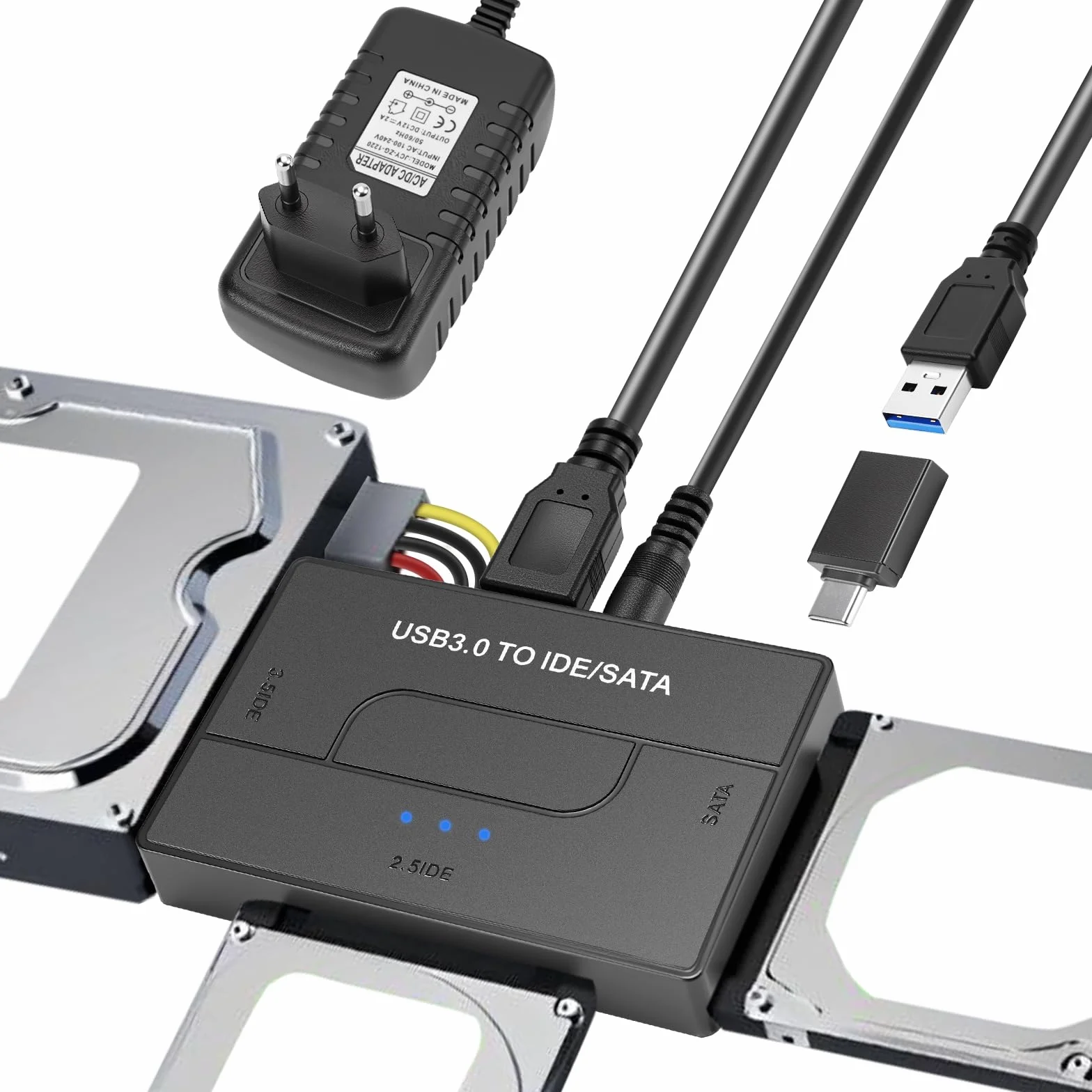 5Gbps IDE Adaptateur Disque Dur USB 3.0 pour 2.5"/ 3.5" HDD/SSD, Convertisseur SATA et IDEAdaptateur de Disque Dur IDE/SATA pour Windows avec Câble USB/Alimentation 12V 2A/SATACâble