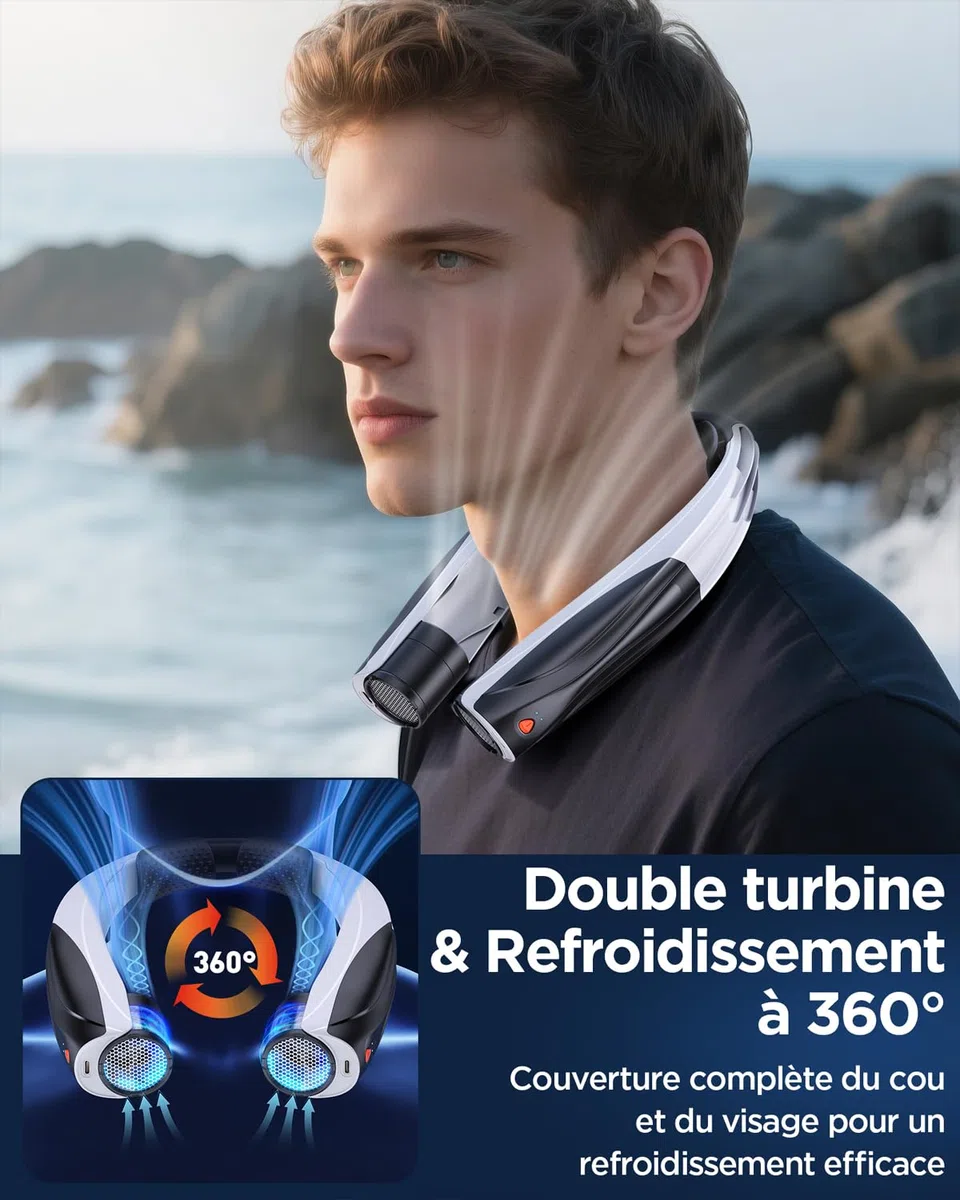 Lepwings Ventilateur de Cou, Autonomie 6–23h, 6 Vitesses, Silencieux & Confortable, USB-C Rechargeable, Batterie 6000 mAh, Ventilateur Tour de Cou pour Bureau, Sport, Voyage – Noir
