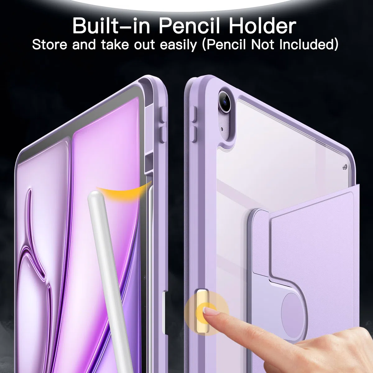 JETech Coque Rotatif pour iPad Air 13 Pouces M4/M3/M2 (2026/2025/2024) avec Porte-Pencil, Étui Housse de Support de Protection Rotatif à 360 Degrés Dos Transparent (Violet)