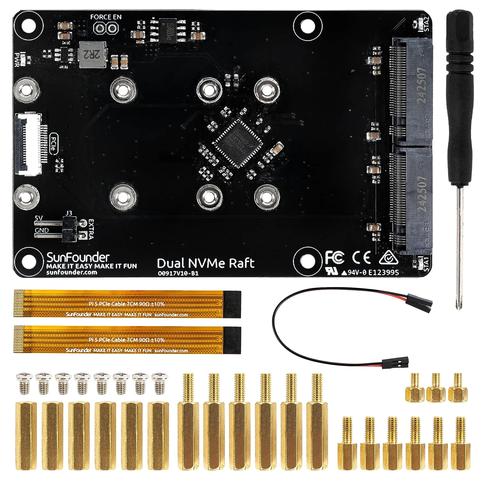 SUNFOUNDER Dual NVMe Raft pour Raspberry Pi 5 PCIe Gen 2.0 vers M.2 HAT Key-M SSD Hailo-8L AI Accelerator PIP M.2 2230/2242/2260/2280 NAS RAID 0/1, indicateurs LED, manuel