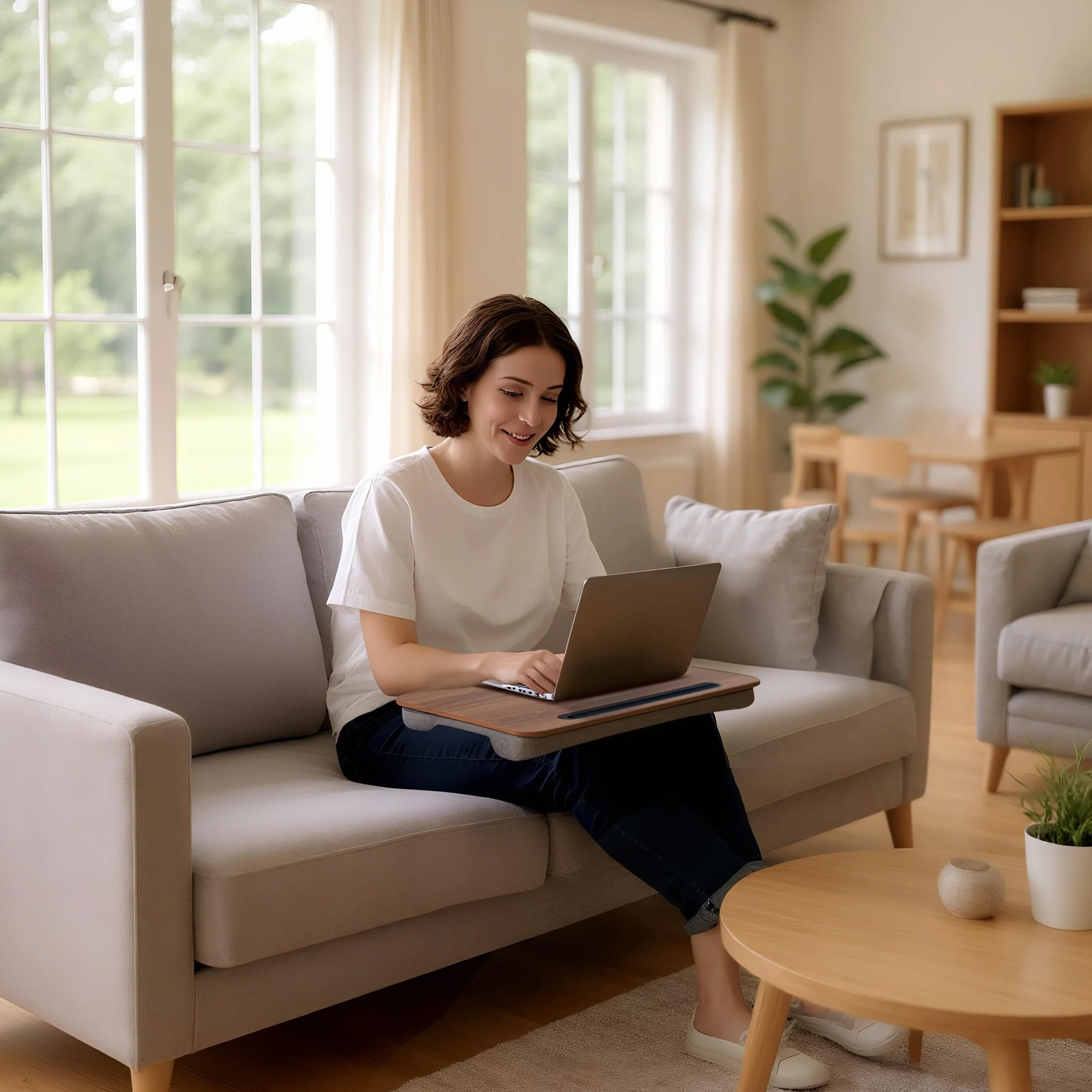 Coussin pour Ordinateur Relaxdays avec Support pour téléphone, 42 x 32 cm, Plateau au lit et sur Le canapé, Marron/Gris