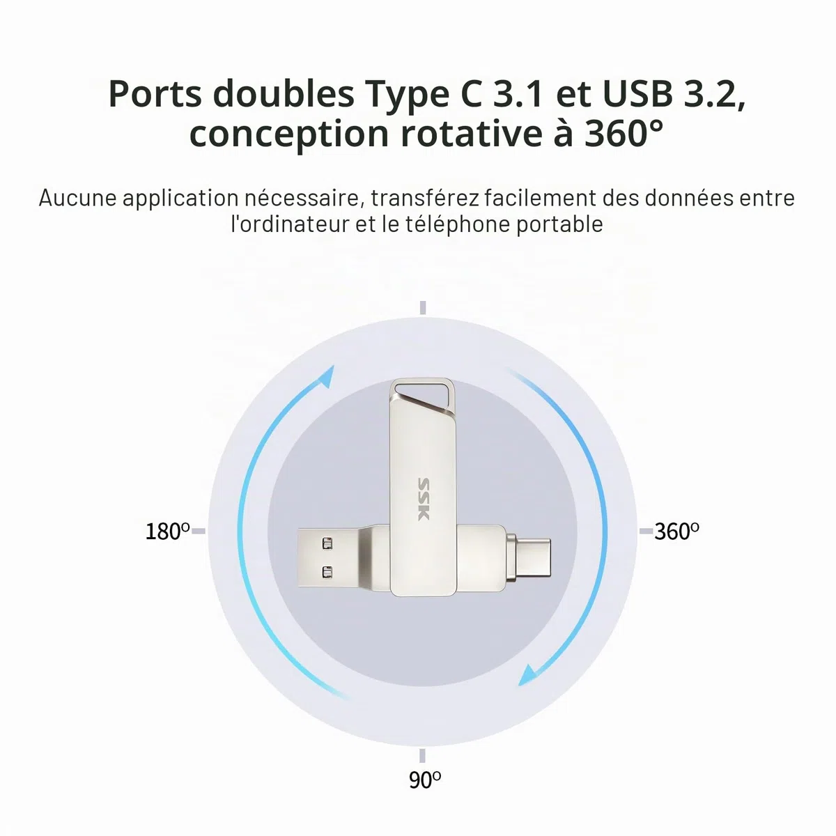 SSK 128 Go Double Cle USB 3.2 Type-C jusqu'à 200 Mo/s, Clé USB-C Flash Drive Pivotant Conception, Clef USB pour iPhone15/16 Pro/Android Smartphone/Tablettes/Mac/PC et Plus