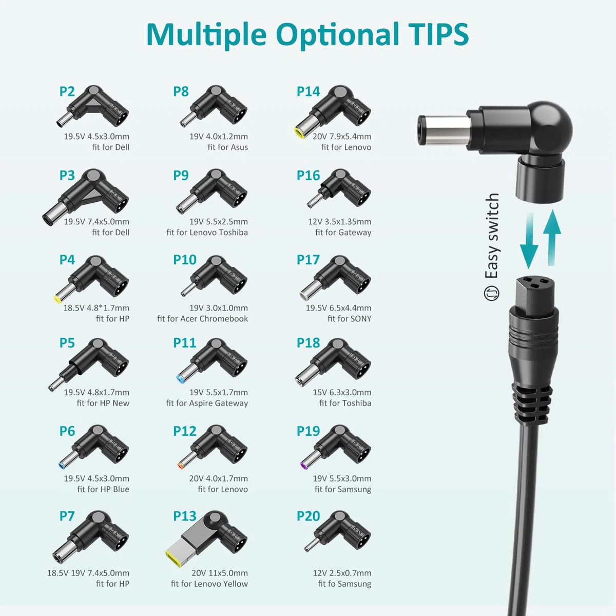 100W 90W 65W 45W Chargeur Universel PC Portable 12V, 15V, 18,5V 19V 19,5V 20V Adaptateur Alimentation Ordinateur pour HP Dell Toshiba IBM Lenovo Acer ASUS Samsung Sony Fujitsu, Pas de USB-C