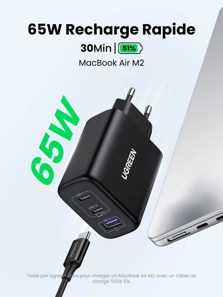 UGREEN Zapix 65W Chargeur USB C Rapide 3 Ports GaN Tech Compatible avec iPhone 17 Pro Max Air 16 15 14 13 12 iPad MacBook Neo Air Pro M5 M4 M3 M2 M1 Galaxy S26 S25 S24 A15 Pixel 10 9 8 XPS (Noir)