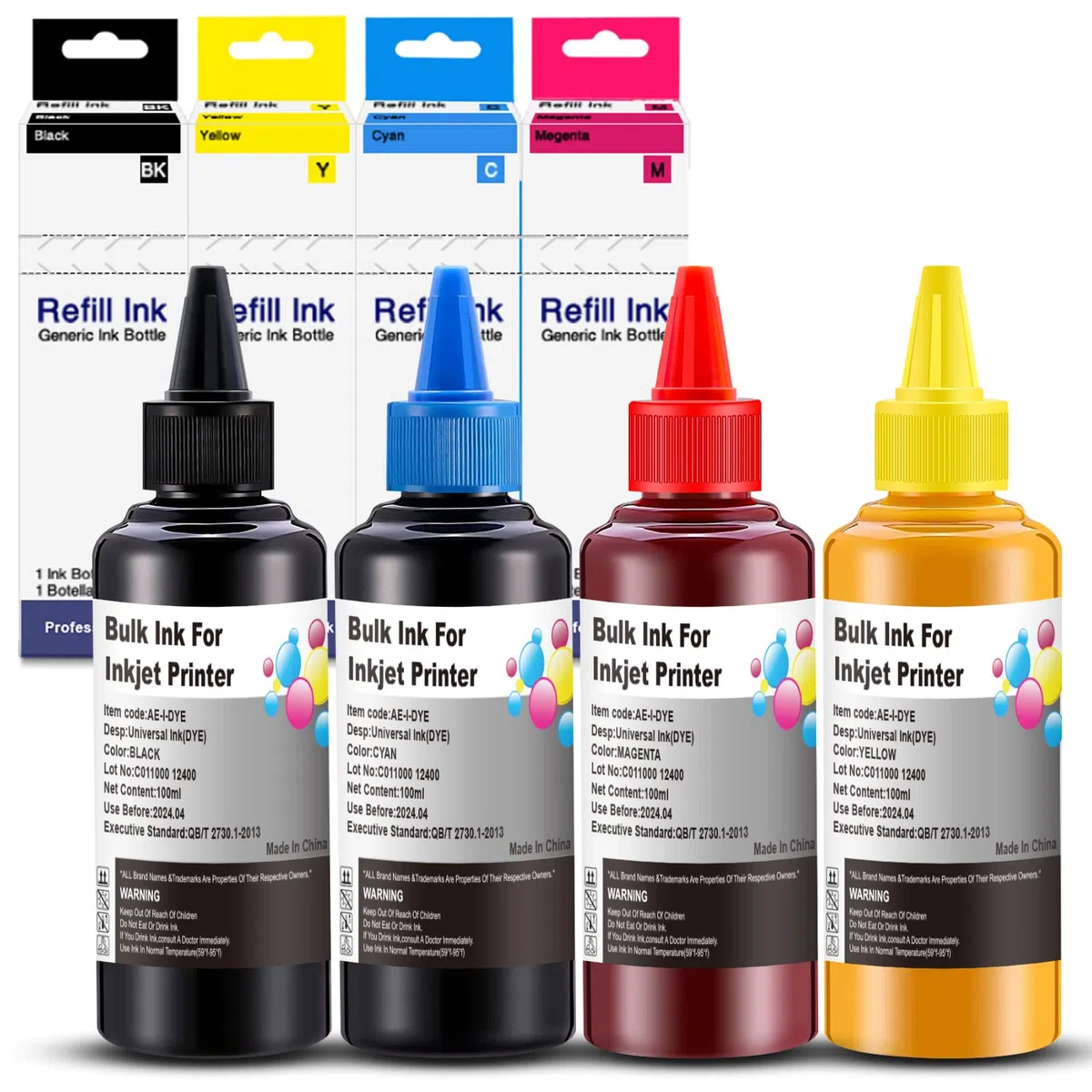 Recharges d'encre universelles UniPlus de gros volume - Pour les imprimantes Epson, HP, Brother, Canon, Lexmark 1BK 1C 1M 1Y