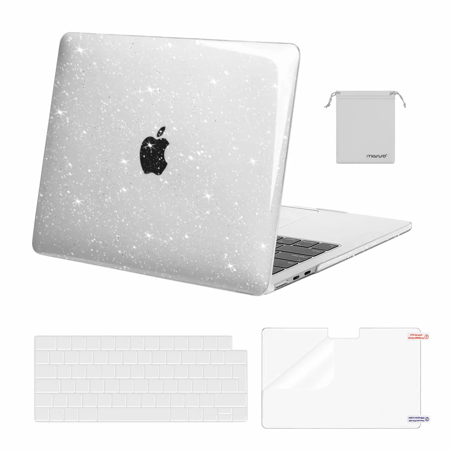 MOSISO Coque Compatible avec MacBook Air M5 M4 M3 M2 13,6 Pouces 2026-2022 A3449 A3240 A3113 A2681,Pailleté Étui RigidePour Mac Air 13 Pouces&Housse Clavier&ScreenFilm&Sac Rangement,Transparent