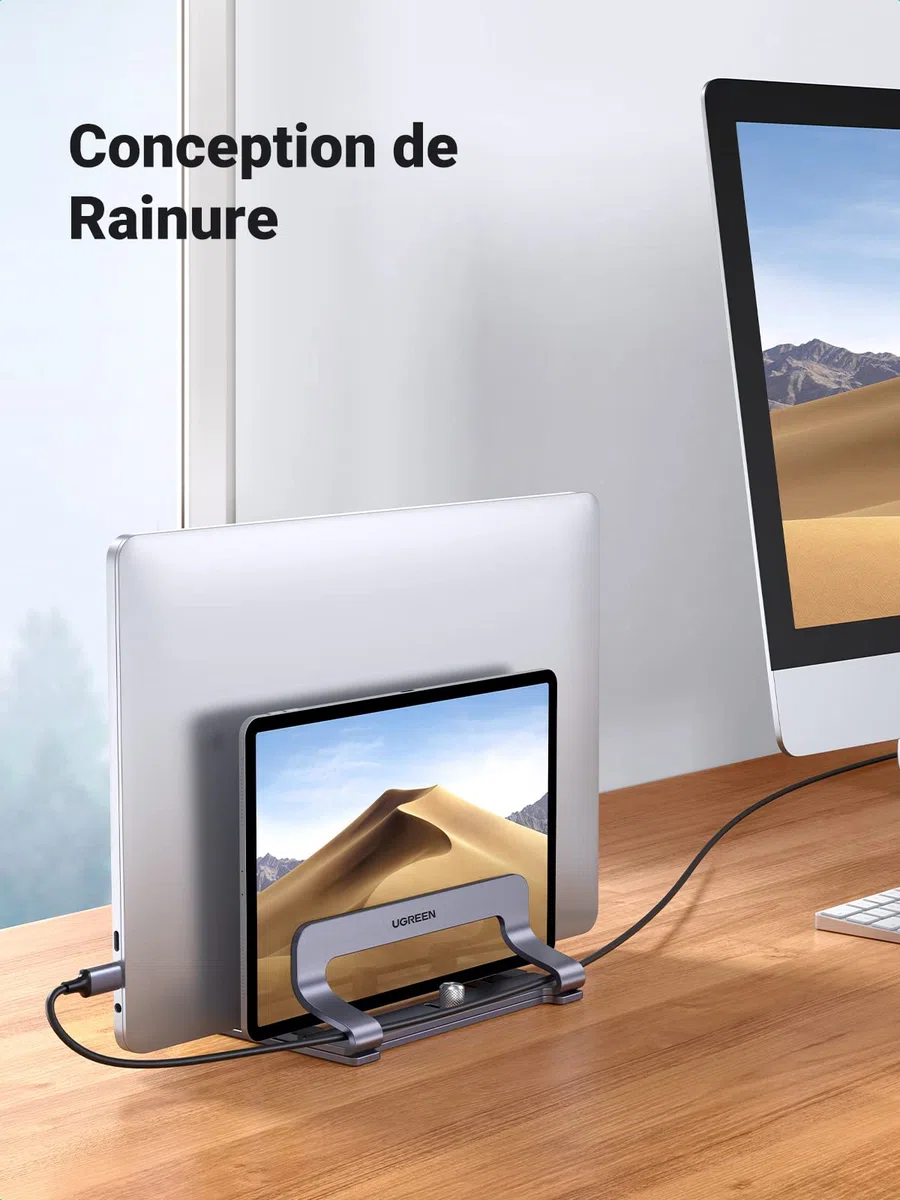 UGREEN 2 en 1 Support Ordinateur Portable Vertical Laptop Stand en Aluminium Double Porte PC Portable Bureau Réglable Compatible avec MacBook Pro Air MateBook Chromebook Surface Dell HP iPad