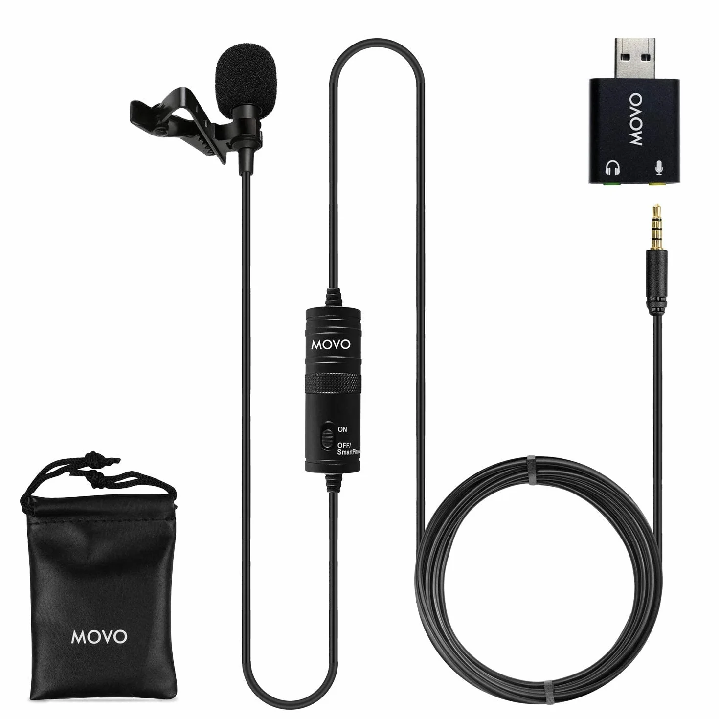 Microphone Universel Lavalier USB Movo pour Ordinateur avec Adaptateur USB Compatible avec Les PC et Les Mac, Smartphones, appareils Photo, podcasting, Microphone Portable (Cable de 6 mètres)