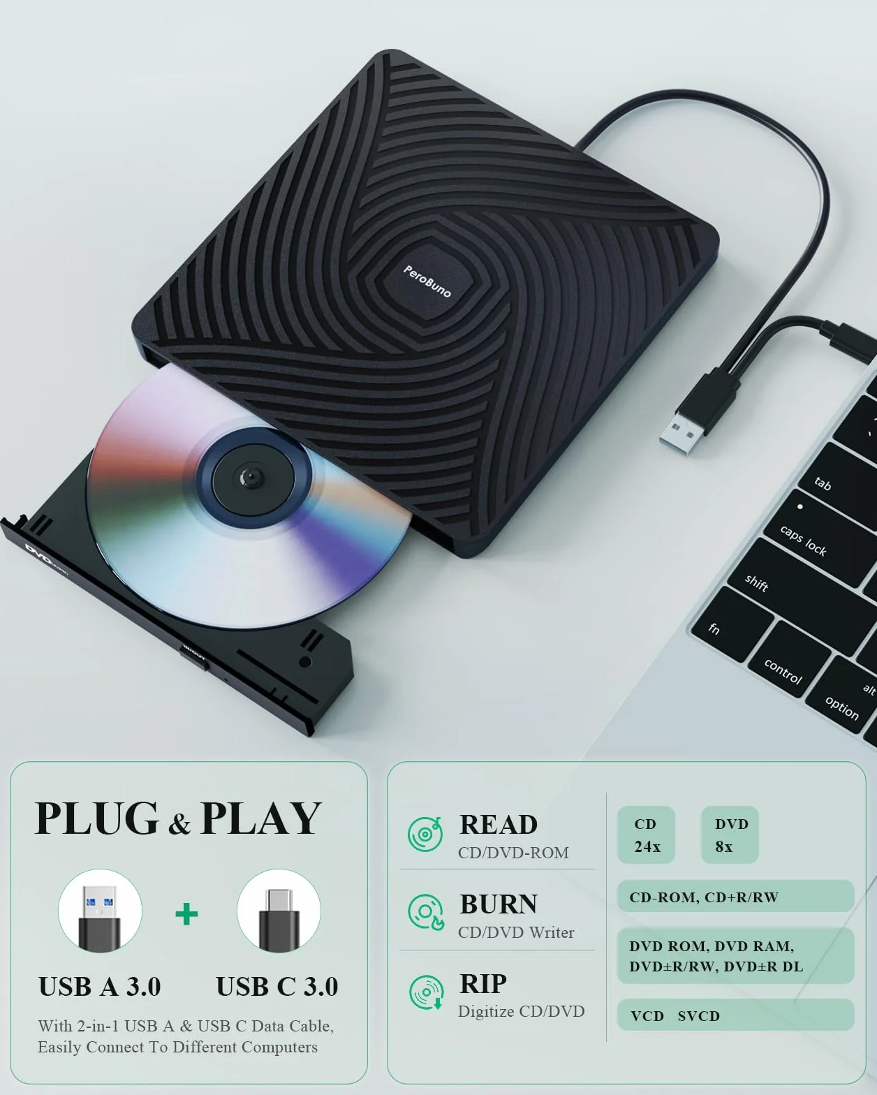 PeroBuno Lecteur CD DVD Externe pour PC, USB 3.0 et Type-C Graveur DVD Externe, Lecteur DVD ROM Externe Portable Ultra-Mince de 0,5 Pouce pour Laptop, Macbook PC Windows 11/10/8/7 Linux Mac OS