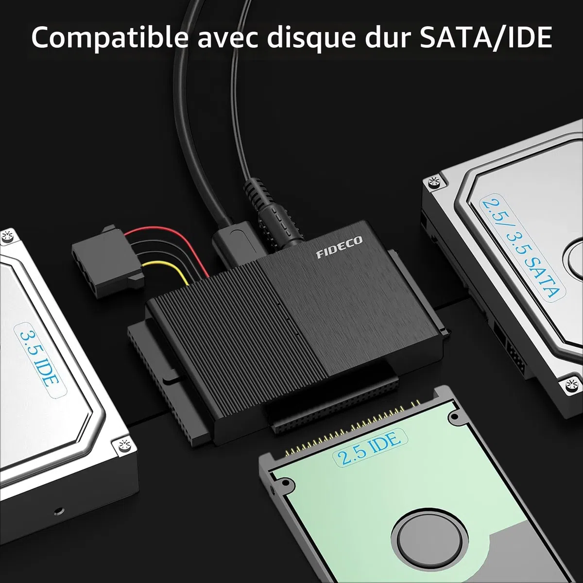 FIDECO Adaptateur Disque Dur USB 3.0 pour 2.5"/ 3.5" HDD/SSD, Convertisseur SATA et IDE avec Alimentation DC 12V 2A