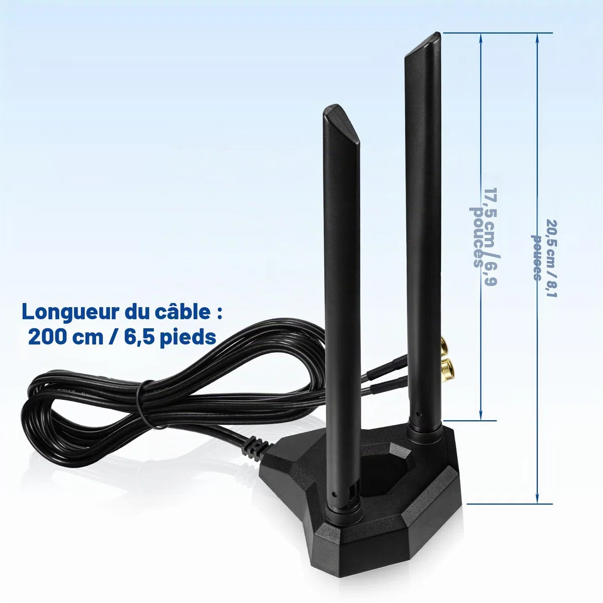 Eightwood Antenne WiFi Double Bande 2.4 GHz/5 GHz RP-SMA avec Base magnétique Antenne câble d'extension de 2 m pour PC de Bureau, Carte PCI, PCIe, WiFi, Bluetooth, routeur réseau sans Fil