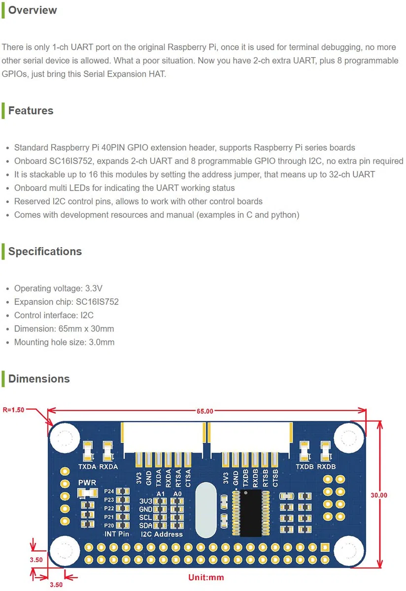 Waveshare Serial Expansion Board, Compatible with Raspberry Pi, with I2C Interface 2-CH UART and 8 GPIOs