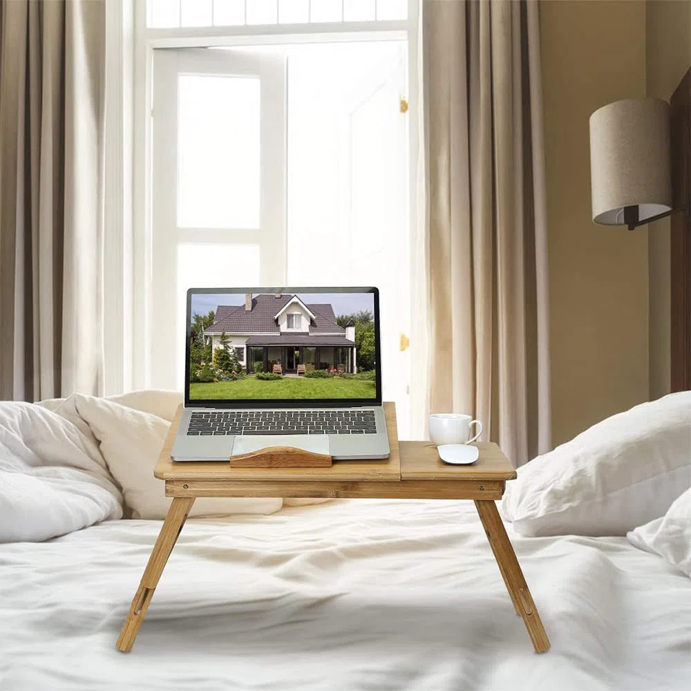Plateau Réglable pour Ordinateur Portable Lapdesk en Bambou, Table Pliante Portable avec Tiroir et Trous de Refroidissement, Canapé-Lit Plateau de Repas de Travail 66 * 30 * 35 cm-Couleur Bois