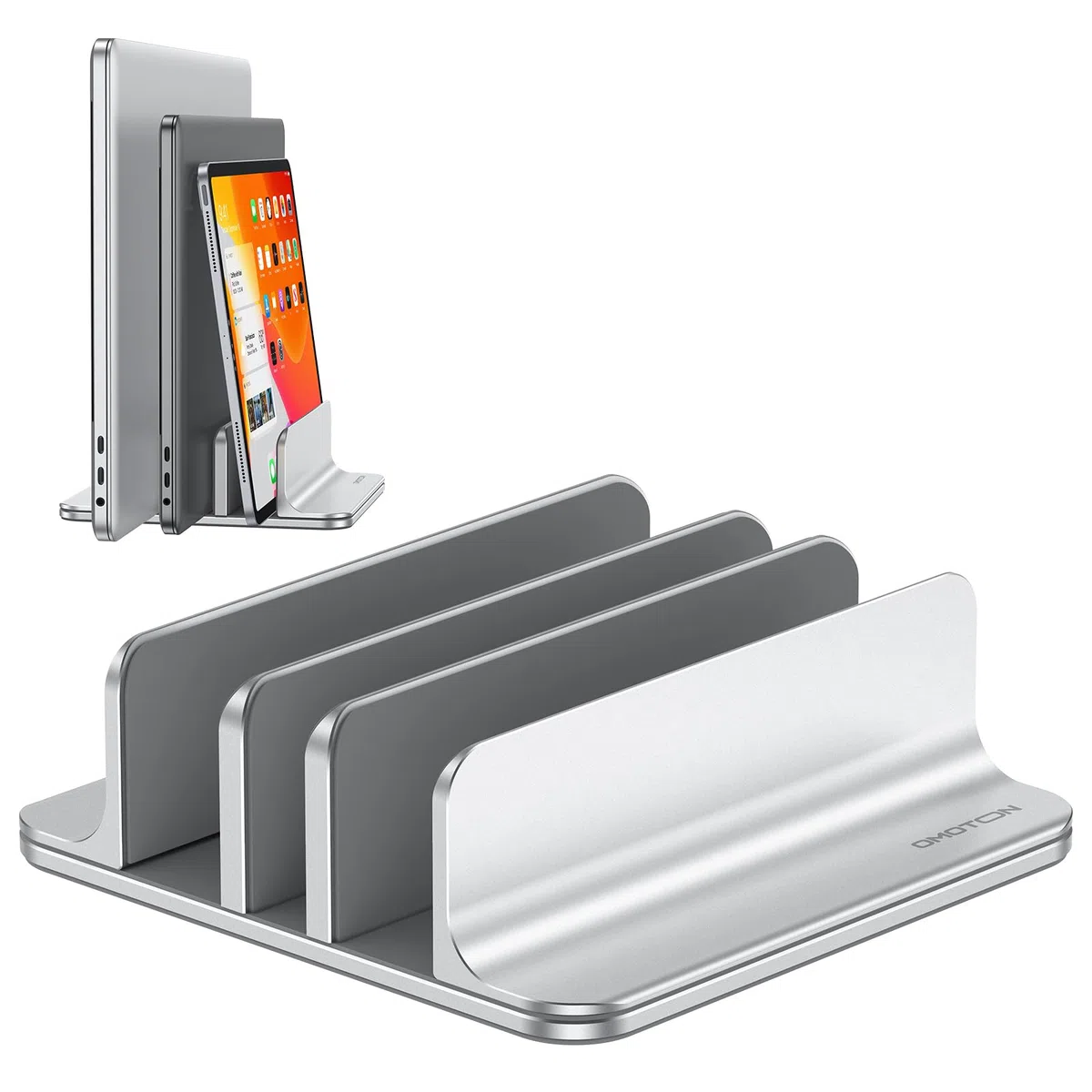 OMOTON Support Vertical pour Ordinateur Portable à 3 Emplacements, Support de Bureau en Aluminium, Dock Réglable, Compatible avec MacBook et Tous Les Ordinateurs Portables (jusqu'à 17,3''), Argent