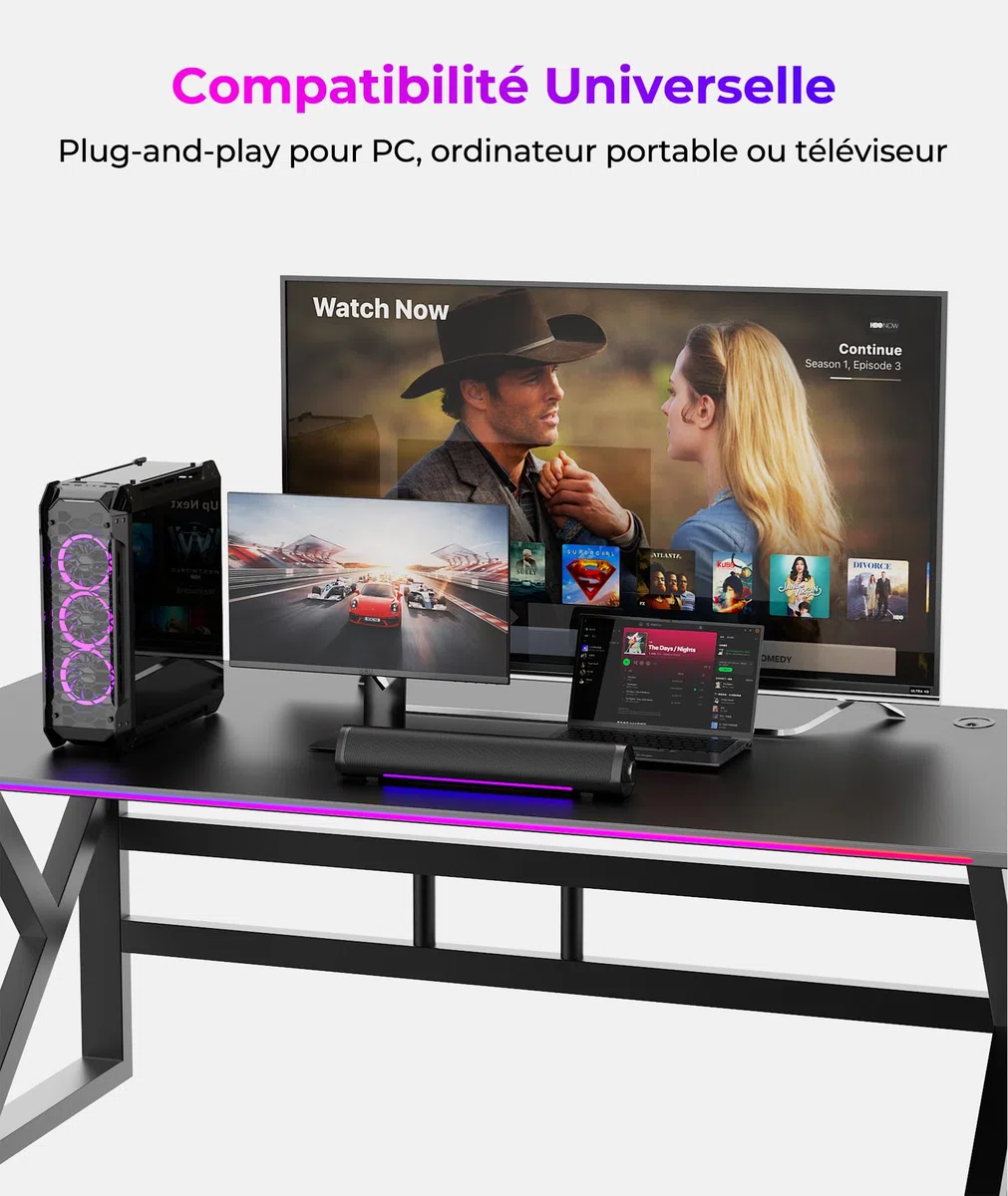 Enceintes d'Ordinateur de Bureau et Gaming, Barre de Son, Plug and Play – Alimentation USB d'Audio 3,5 mm, Éclairage RVB Dégradé, Commande à un Bouton, pour PC/Portable/Moniteur (USB et 3,5 mm)