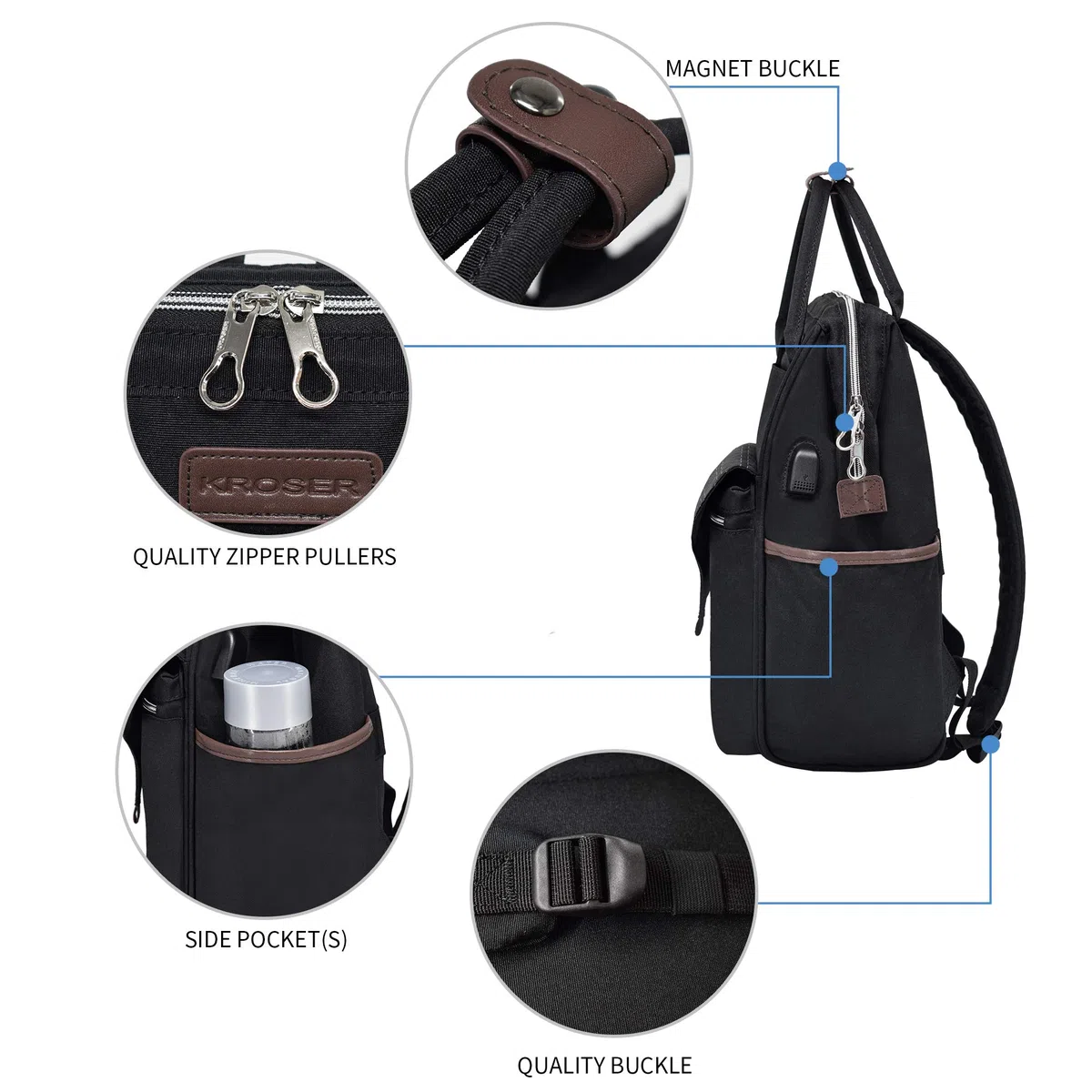 KROSER Sac à Dos pour Ordinateur Portable 15.6" Sac à Dos pour Ordinateur Scolaire Élégant avec Port de Chargement USB Sac Imperméable pour Voyage/Affaires/Collège/Femme/Homme
