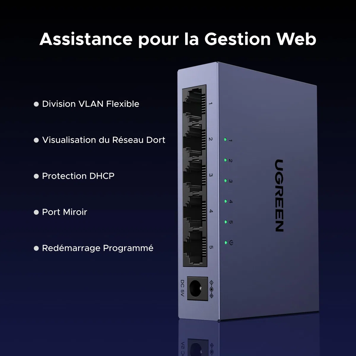 UGREEN 5 Ports Switch Ethernet Gigabit Hub Ethernet 1000Mbps Administrable Web Switch RJ45 Plug et Play Support VLAN QoS Link Aggregation IGMP Snooping Boitier Métal