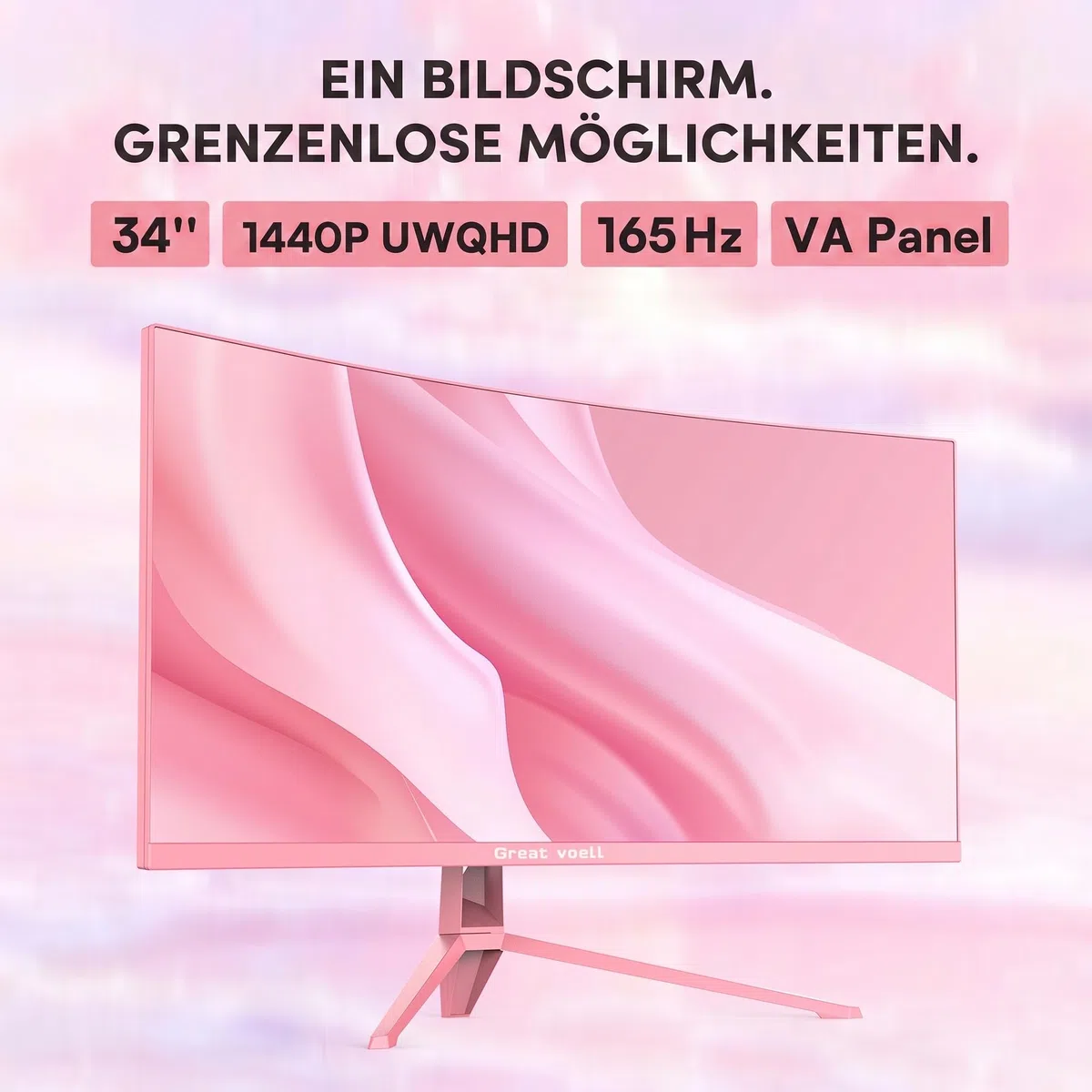 Great voell Écran PC Gamer Incurvé 34 Pouces Rose, UWQHD(3440 x1440), 165Hz, 1500R, Moniteur Gaming Ultrawide 21:9, FreeSync, Dalle VA 127% sRGB, HDR10, HDMI 2.0, DP 1.4, PIP/PBP, VESA