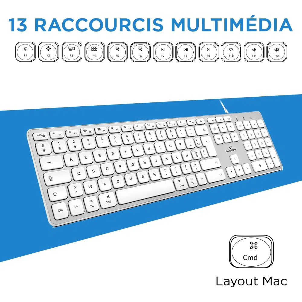 Bluestork Clavier Français AZERTY Filaire pour Mac - Touches Concaves et Silencieuses, 13 Raccourcis Multimédia, Adaptateur USB/USB-C